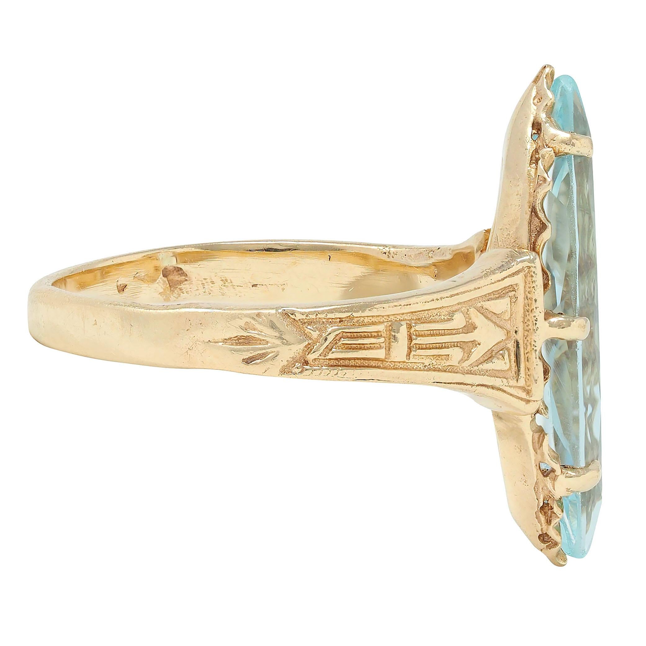 Art Deco Aquamarine 14 Karat Yellow Gold Antique Arrow Navette Dinner Ring