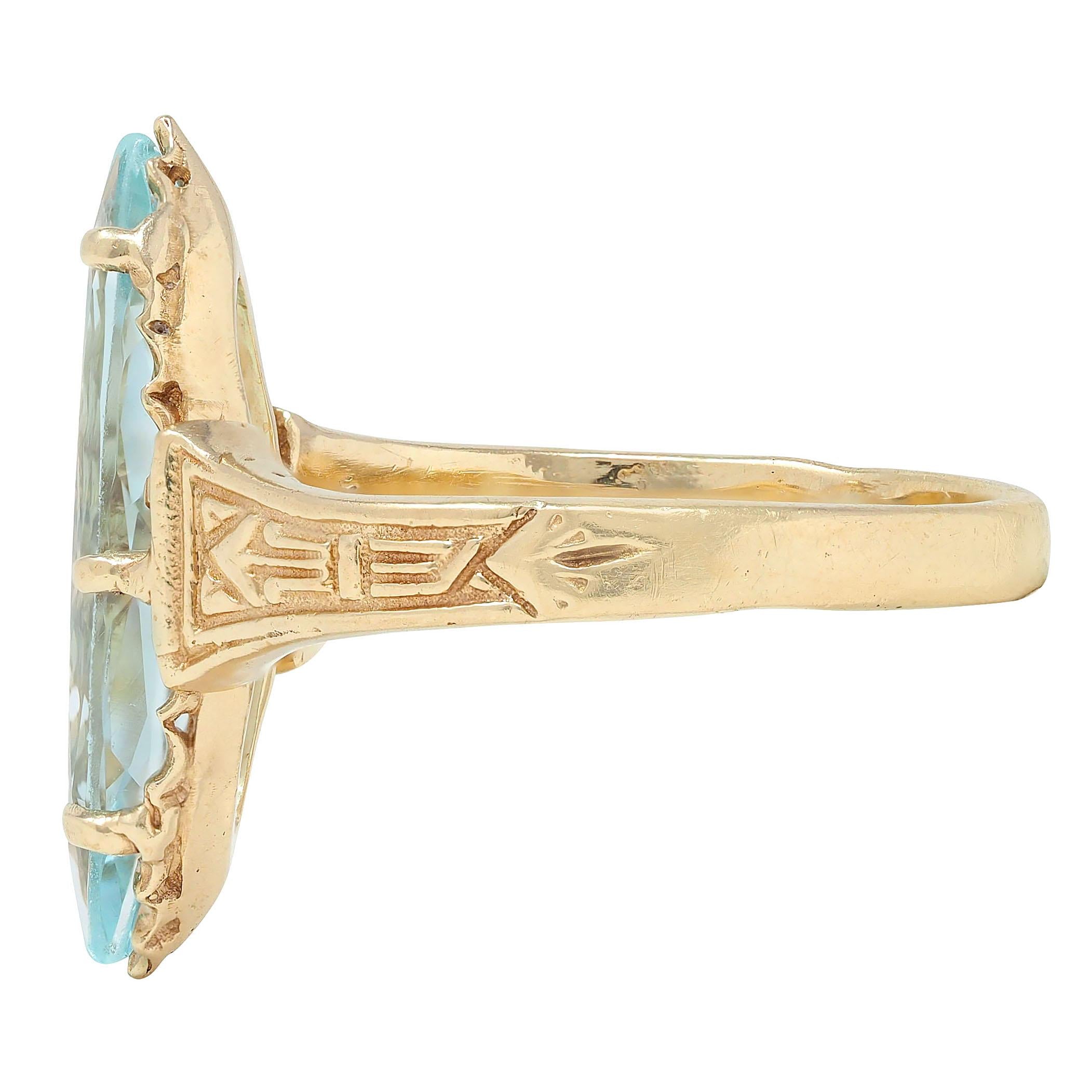 Art Deco Aquamarine 14 Karat Yellow Gold Antique Arrow Navette Dinner Ring