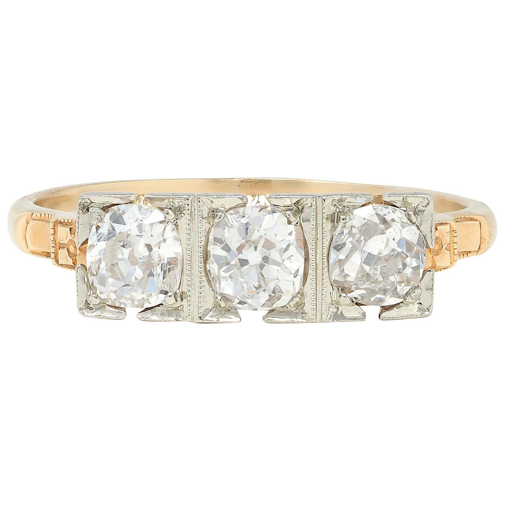 Retro 0.75 CTW Old Mine Platinum 14 Karat Yellow Gold Vintage Three Stone Ring