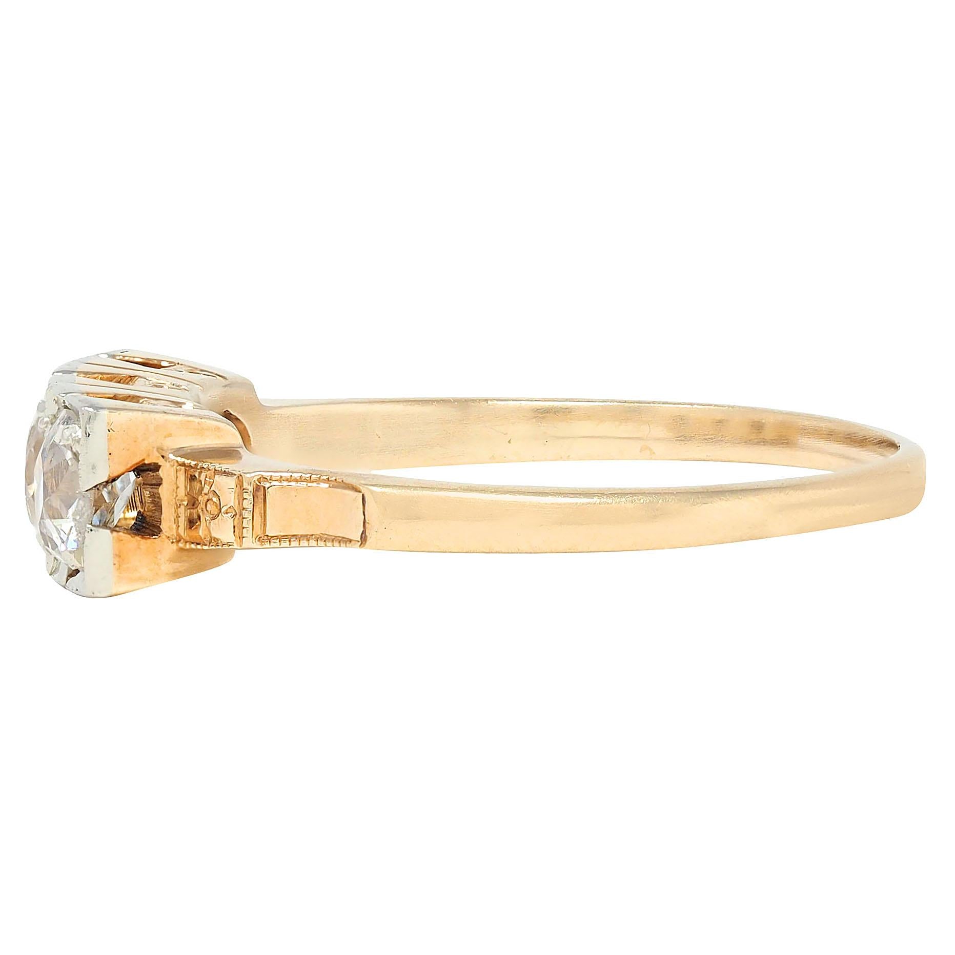 Retro 0.75 CTW Old Mine Platinum 14 Karat Yellow Gold Vintage Three Stone Ring