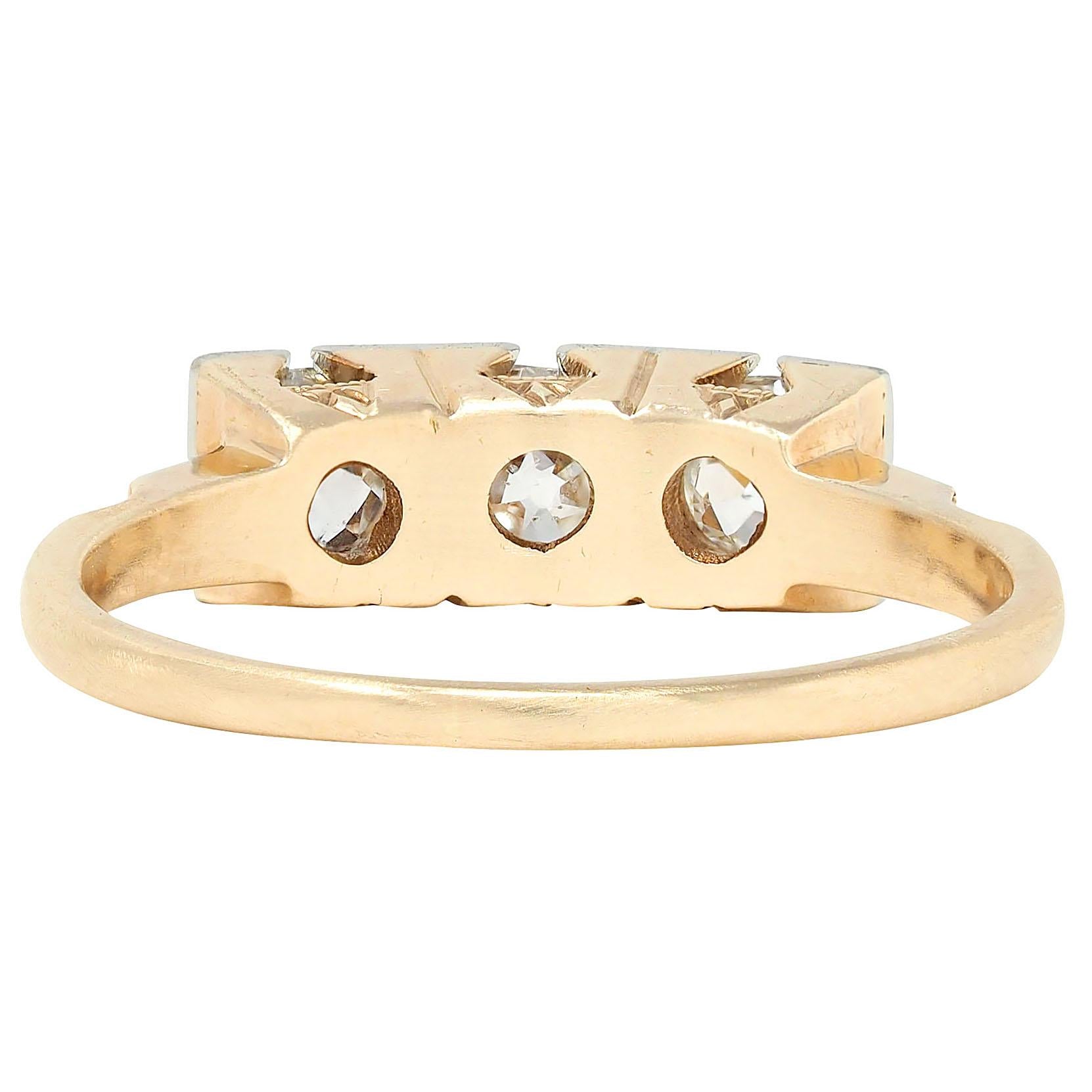 Retro 0.75 CTW Old Mine Platinum 14 Karat Yellow Gold Vintage Three Stone Ring