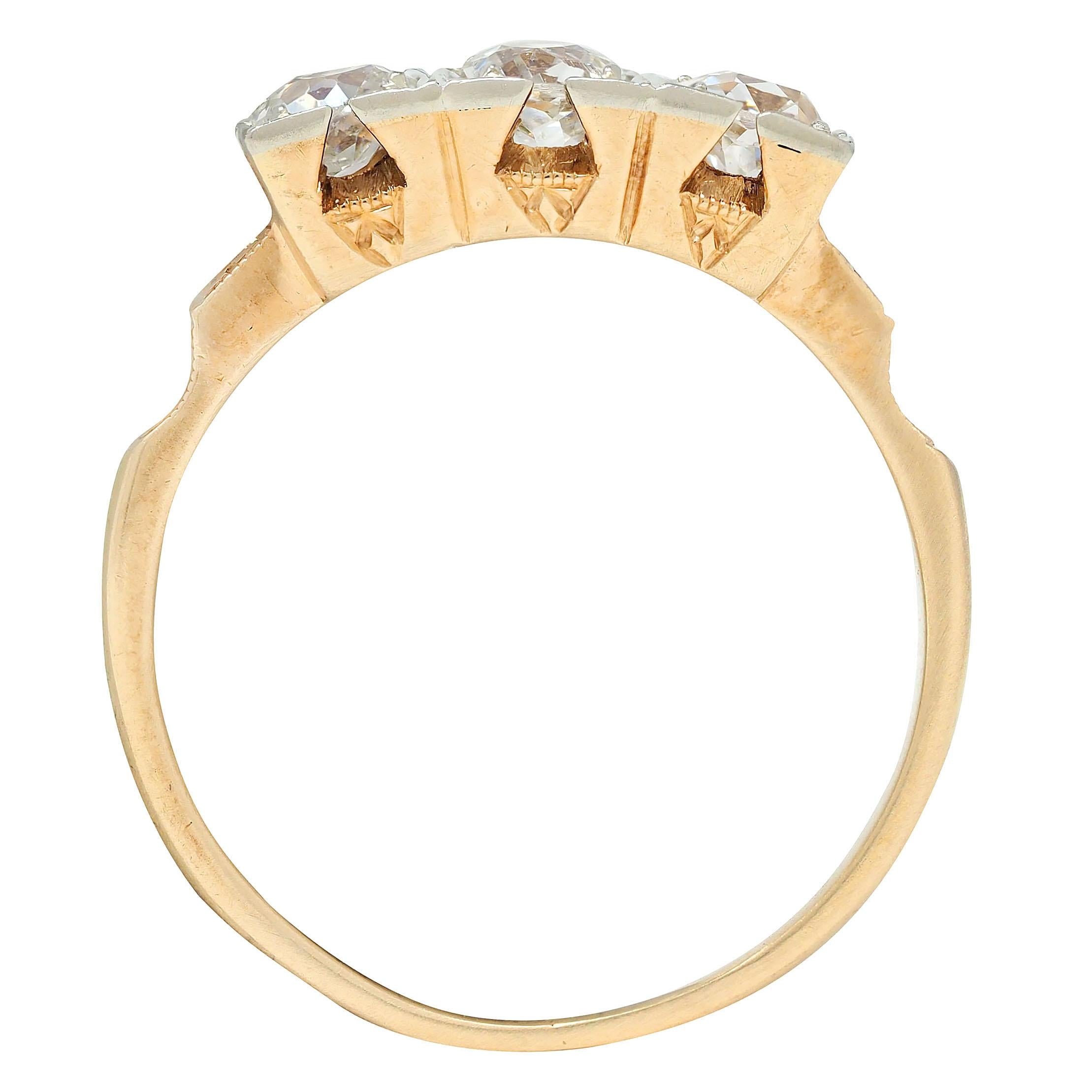 Retro 0.75 CTW Old Mine Platinum 14 Karat Yellow Gold Vintage Three Stone Ring