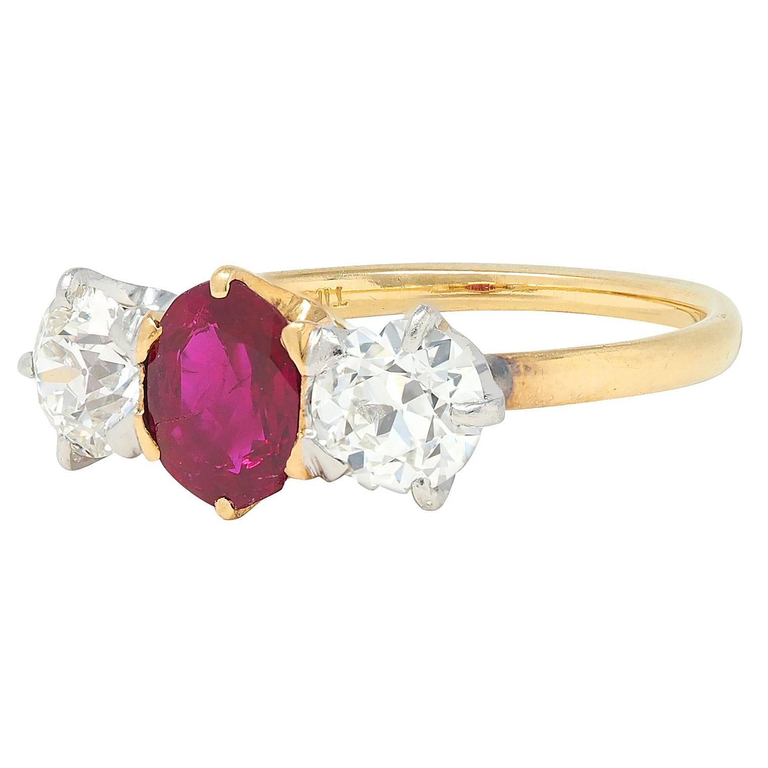 Tiffany & Co. No Heat Burma Ruby Diamond Platinum 18K Yellow Gold Antique Ring