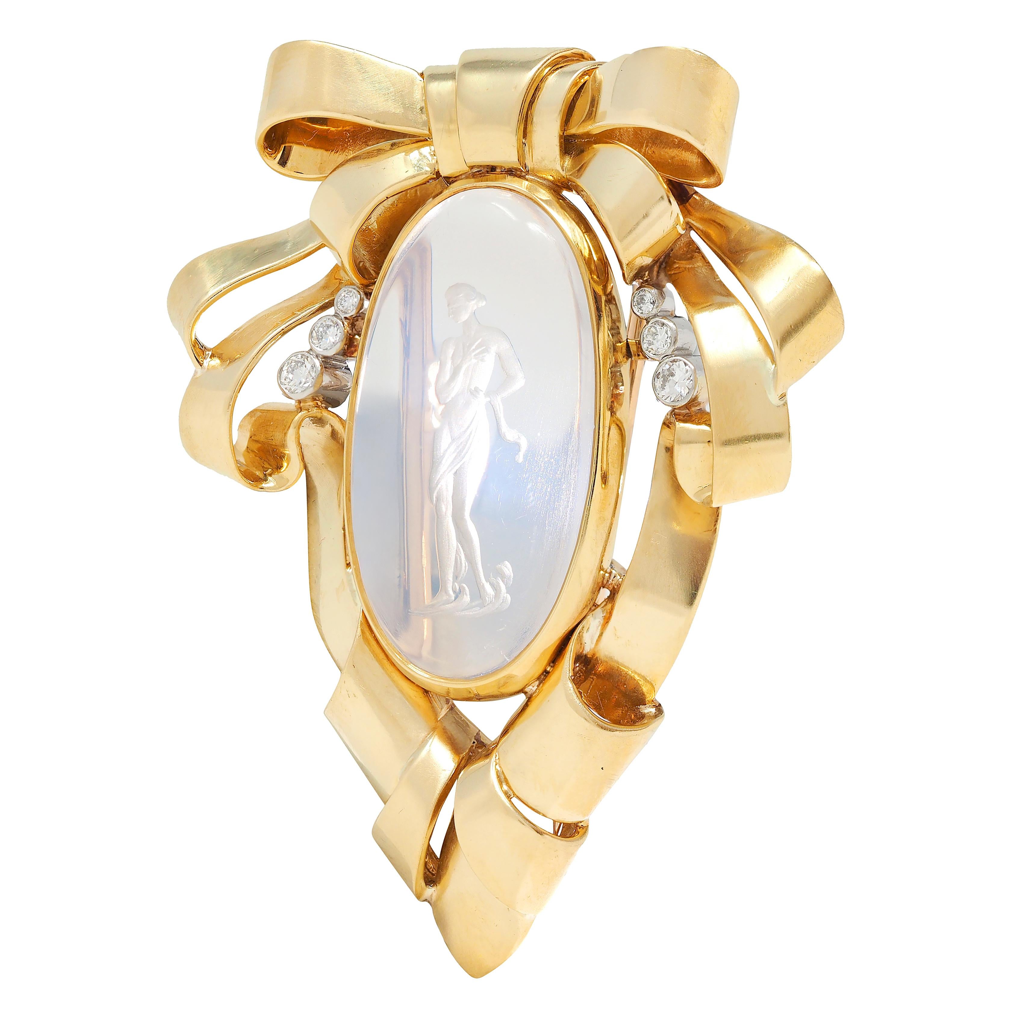 Retro Moonstone Intaglio Diamond Platinum 18K Yellow Gold Vintage Ribbon Brooch