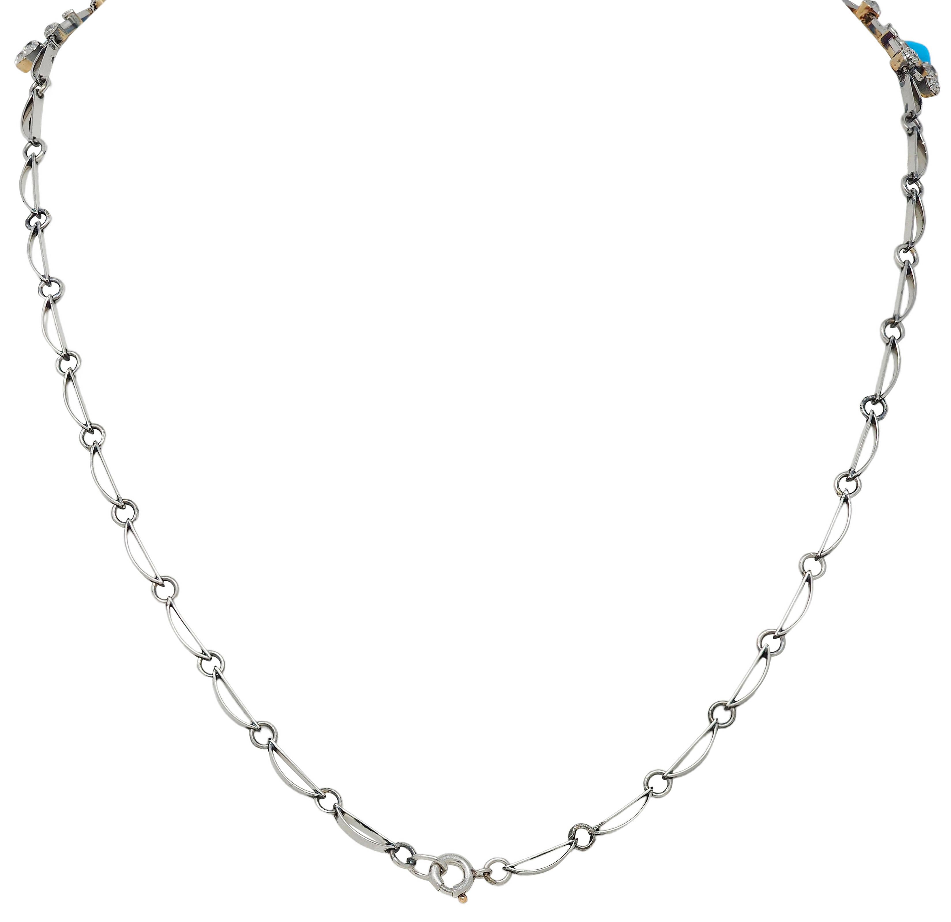 Edwardian Diamond Turquoise Platinum 18K Gold Antique Foliate Fringe Necklace