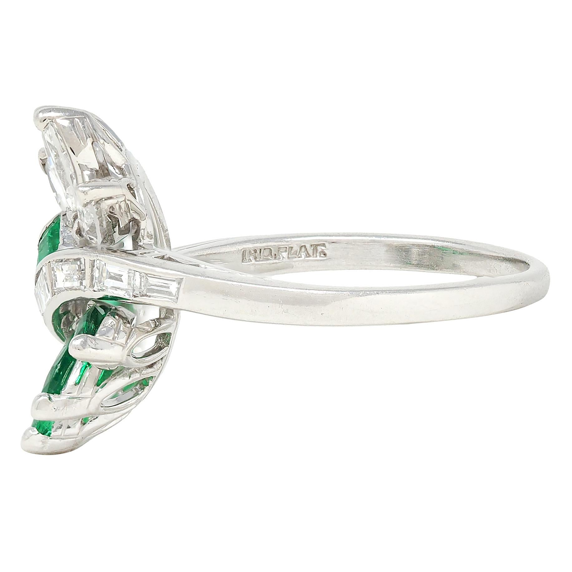 Mid-Century 2.16 CTW Emerald Diamond Platinum Vintage Fanning Bypass Ring