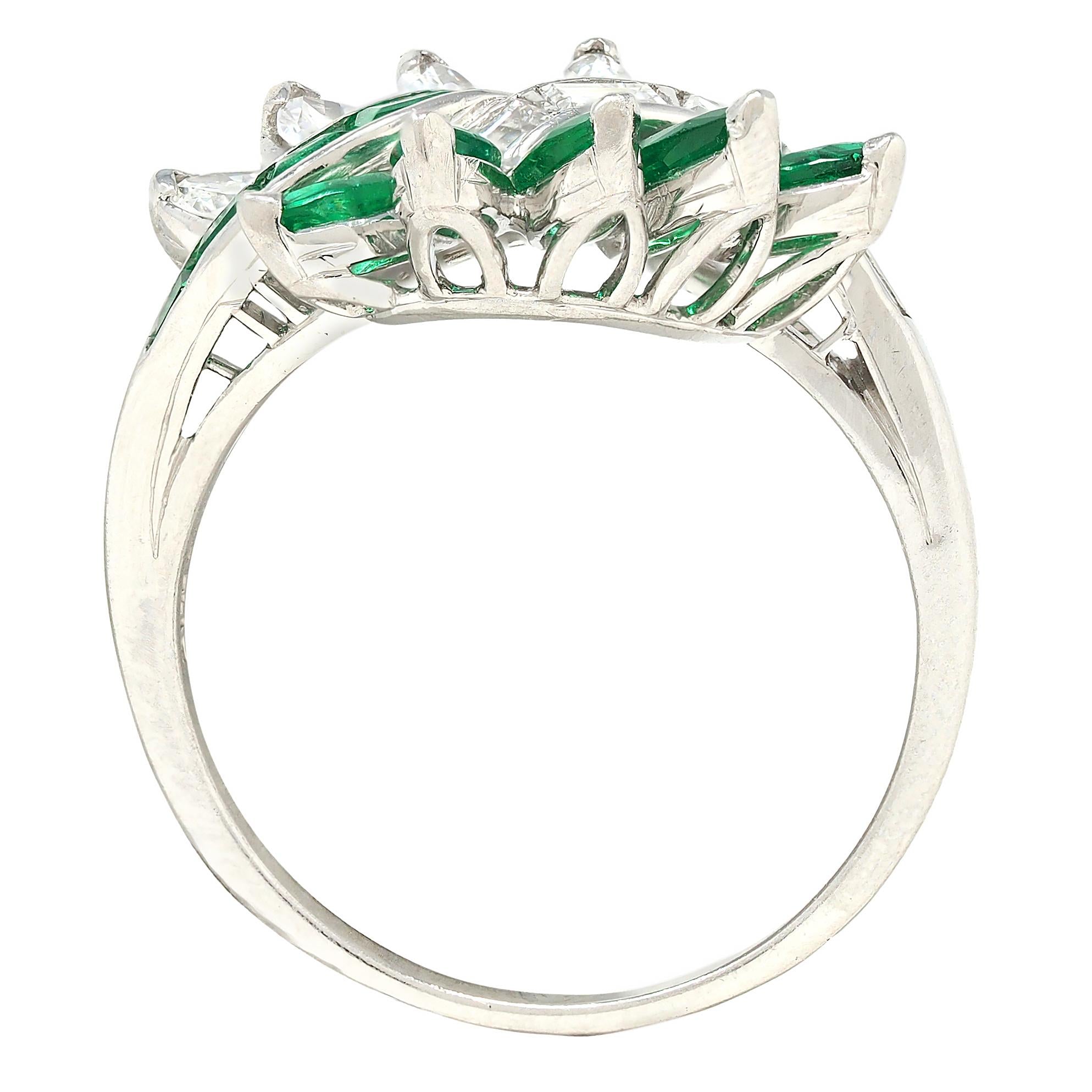 Mid-Century 2.16 CTW Emerald Diamond Platinum Vintage Fanning Bypass Ring