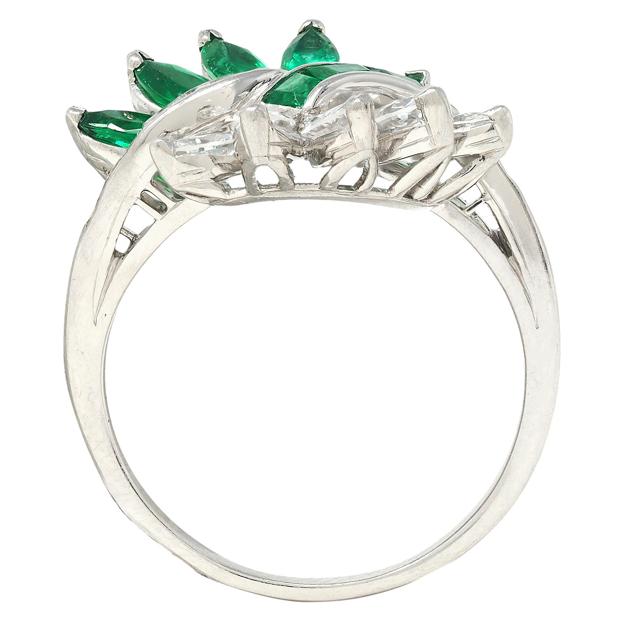 Mid-Century 2.16 CTW Emerald Diamond Platinum Vintage Fanning Bypass Ring