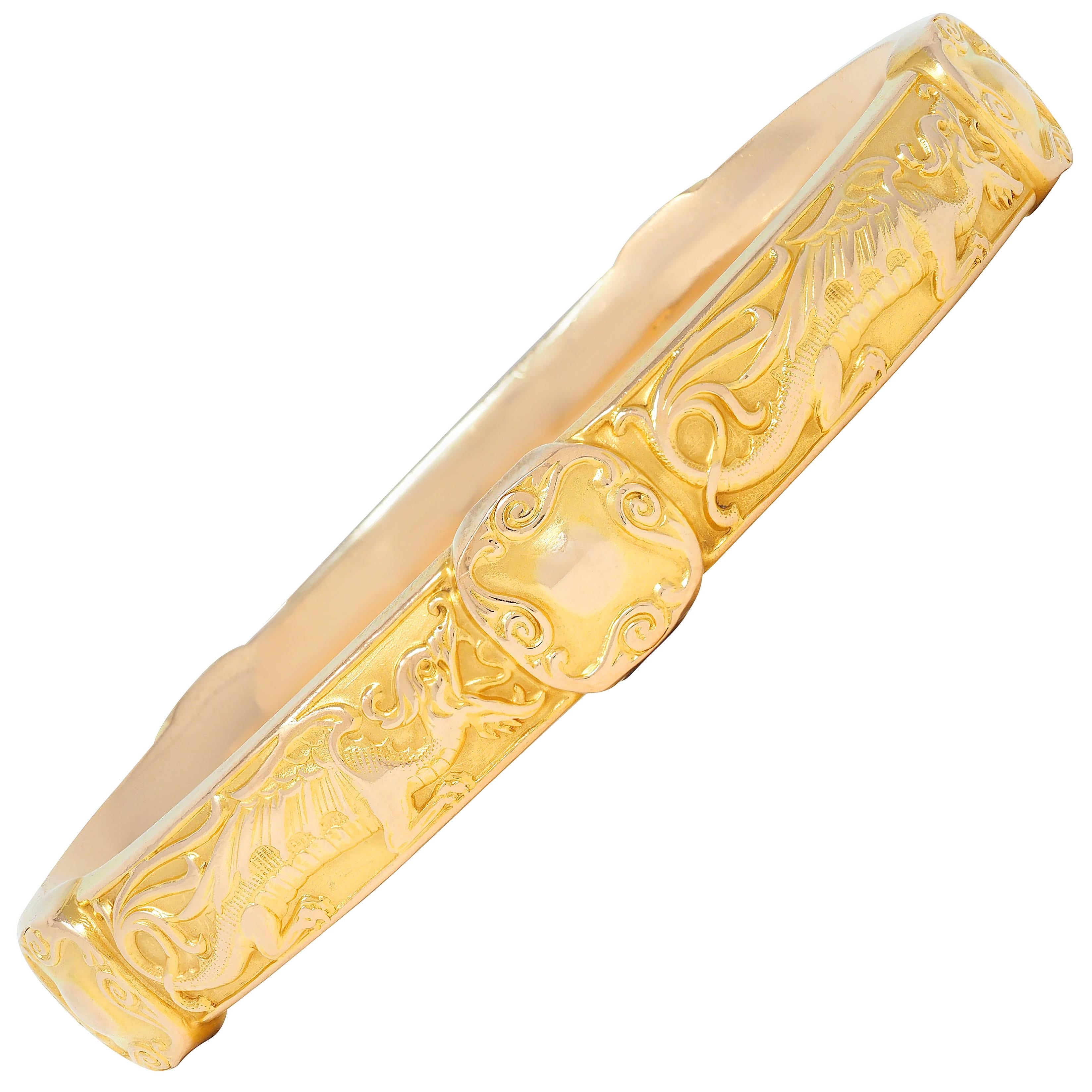 Riker Brothers Art Nouveau 14 Karat Yellow Gold Antique Dragon Bangle Bracelet