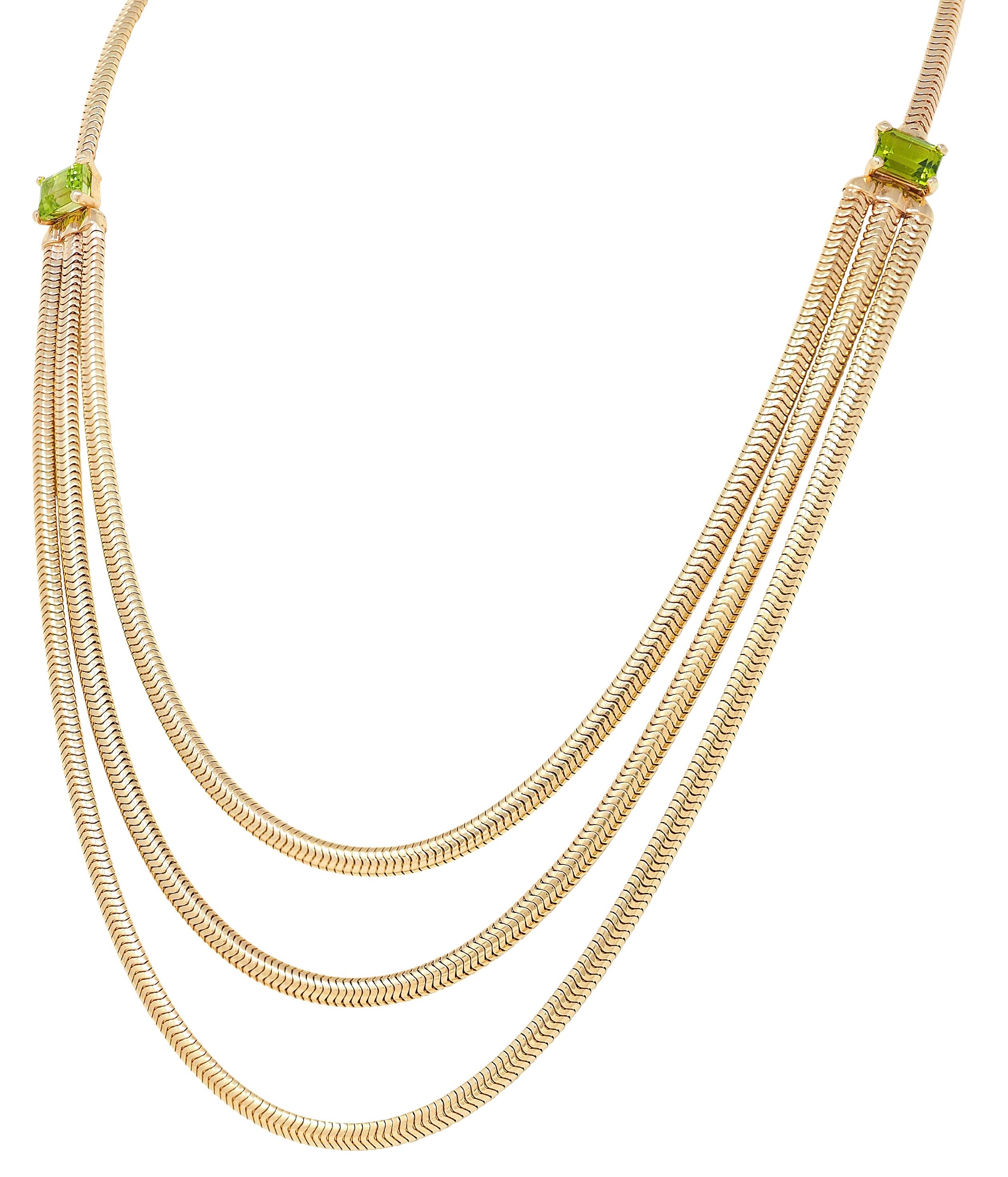 1990's Peridot 14K Gold Vintage Swagged Multi-Strand Snake Chain Necklace