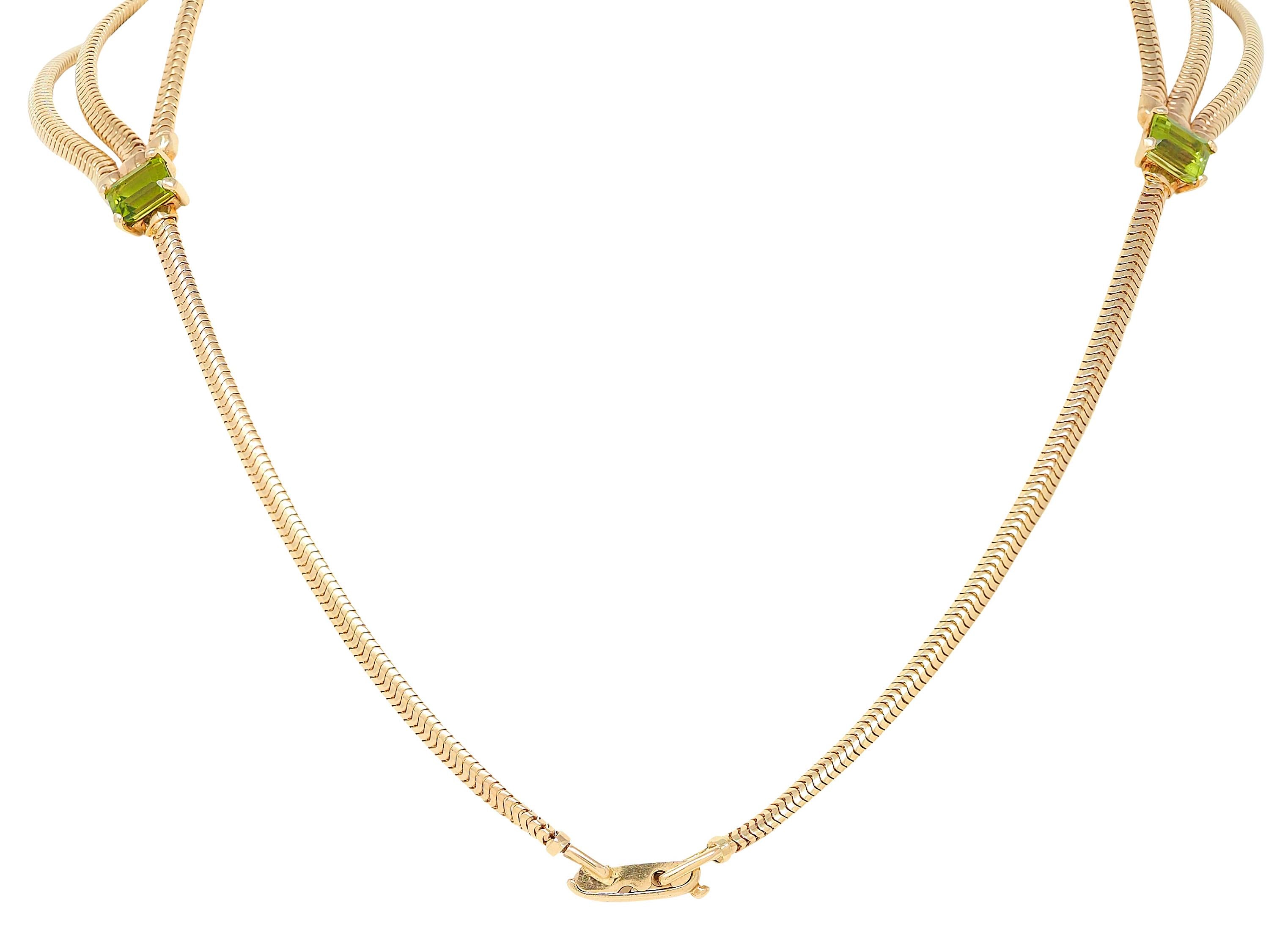 1990's Peridot 14K Gold Vintage Swagged Multi-Strand Snake Chain Necklace