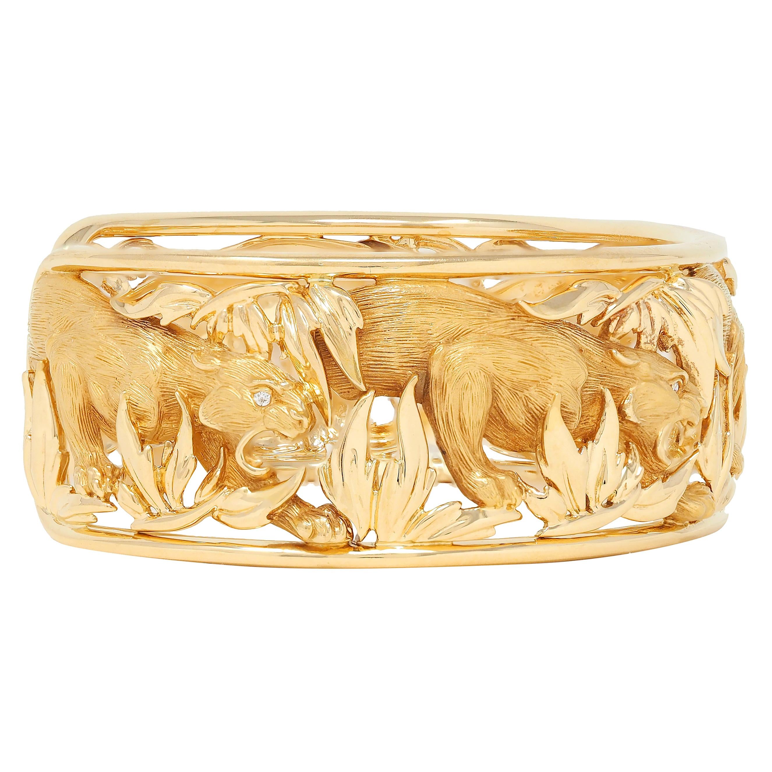 Carrera y Carrera Diamond 18 Karat Yellow Gold Panther Animal Cuff Bracelet