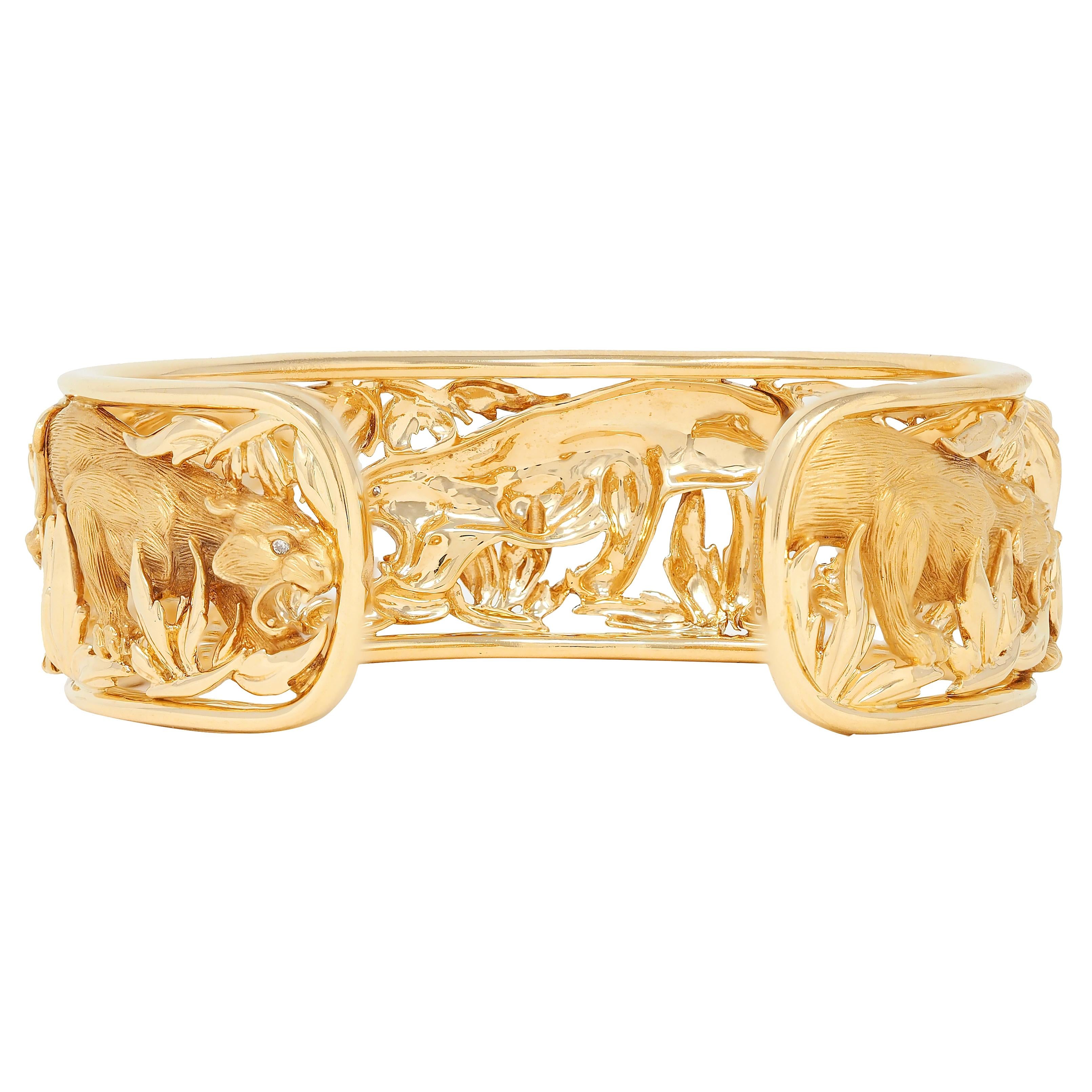 Carrera y Carrera Diamond 18 Karat Yellow Gold Panther Animal Cuff Bracelet
