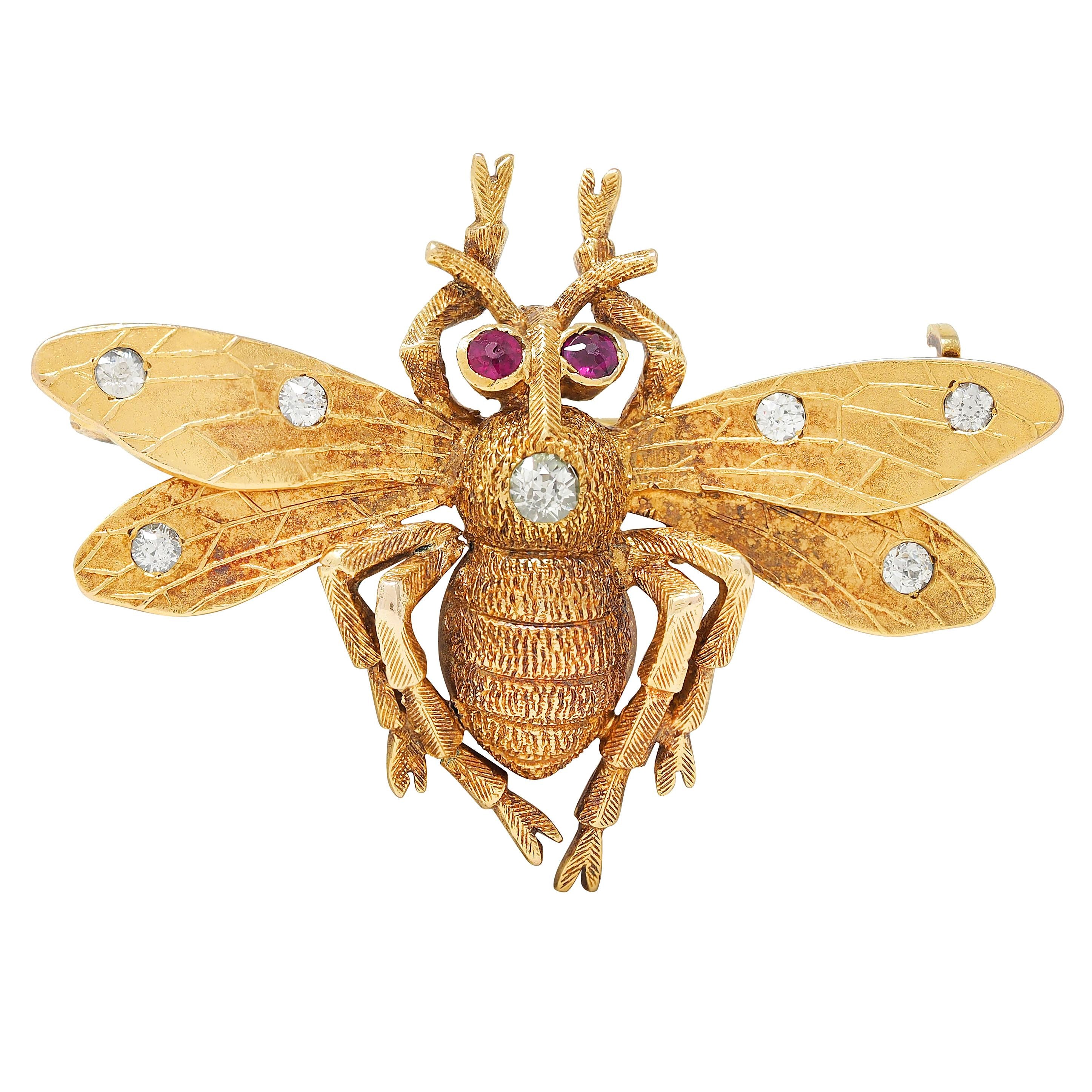 Art Nouveau Diamond Ruby 18 Karat Yellow Antique Bee Bug Brooch