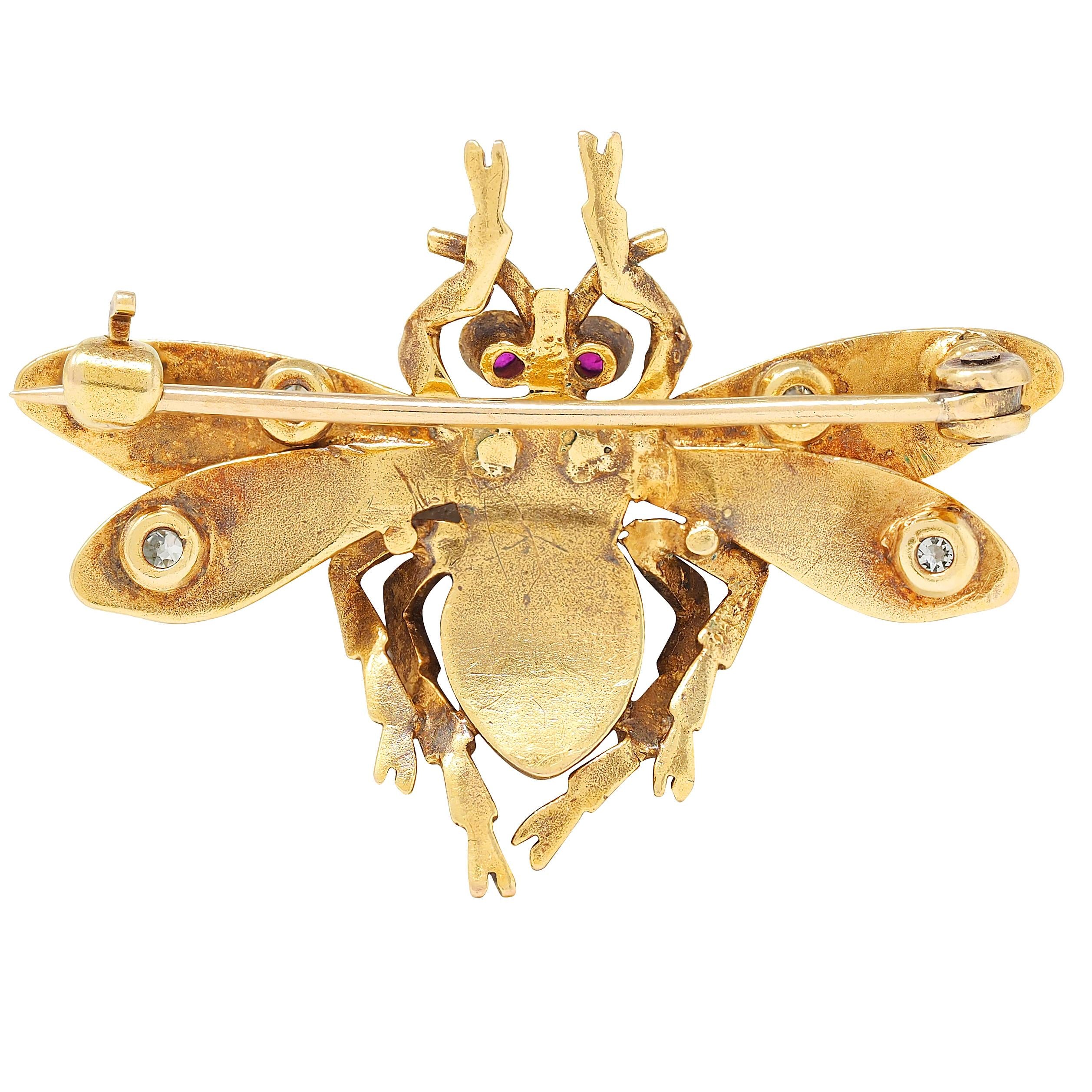 Art Nouveau Diamond Ruby 18 Karat Yellow Antique Bee Bug Brooch