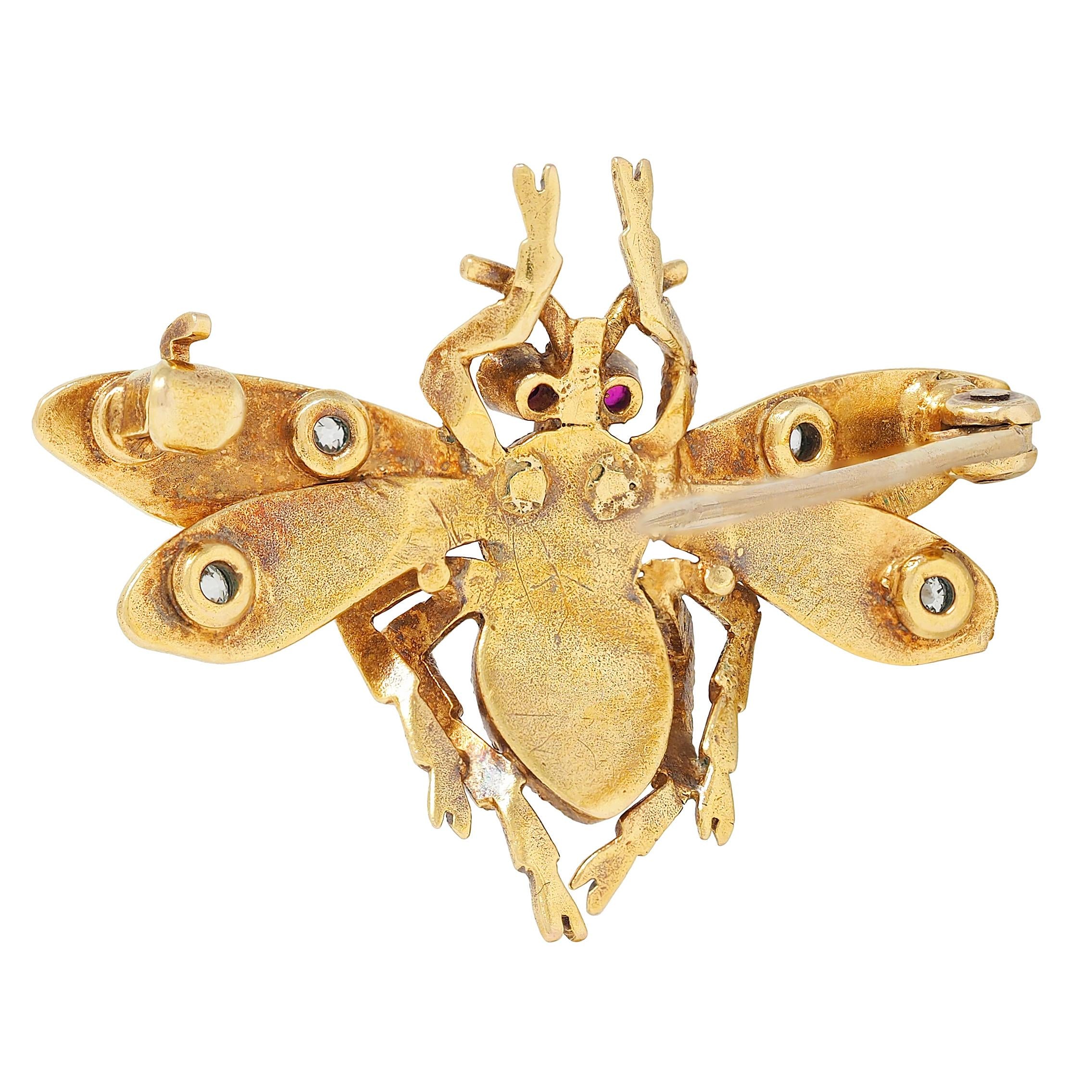 Art Nouveau Diamond Ruby 18 Karat Yellow Antique Bee Bug Brooch