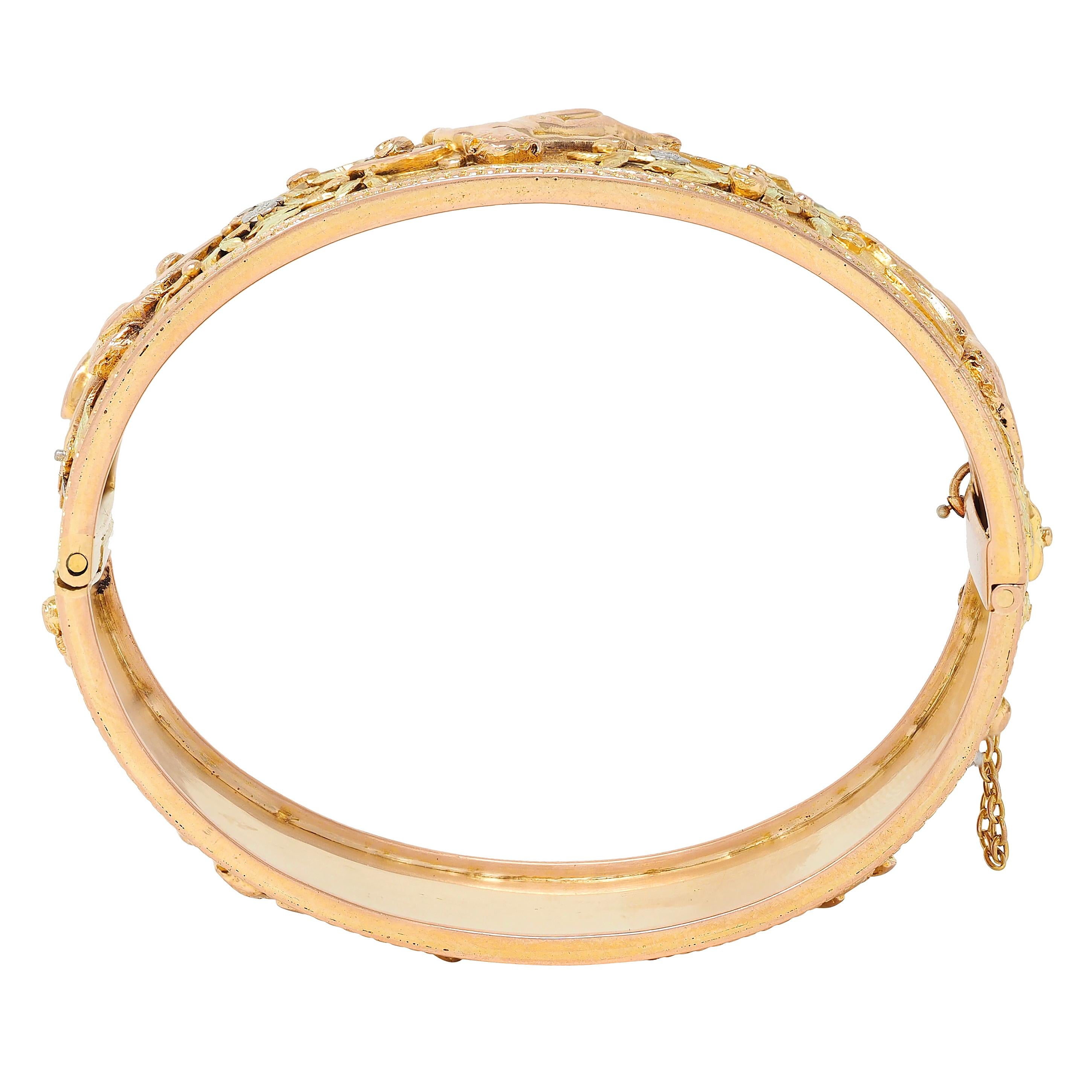 French Victorian 18 Karat Multi-Tone Gold Antique Floral Cherub Bangle Bracelet