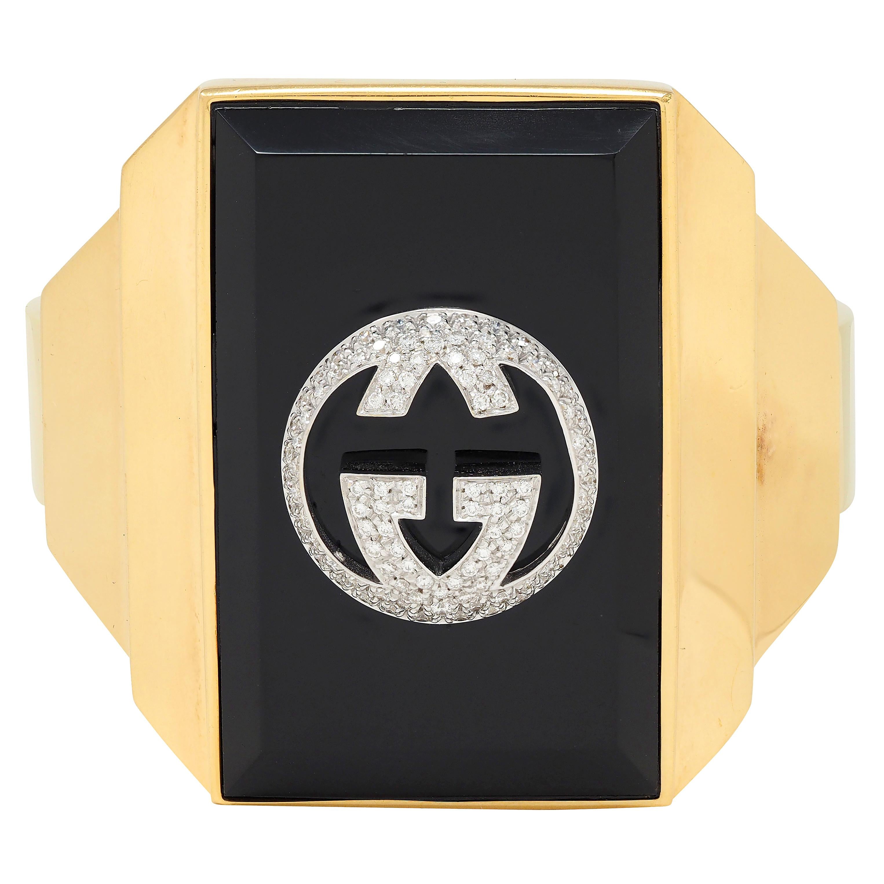 Gucci 2000's Diamond Onyx 18 Karat Two-Tone Yellow Vintage Gold Cuff Bracelet