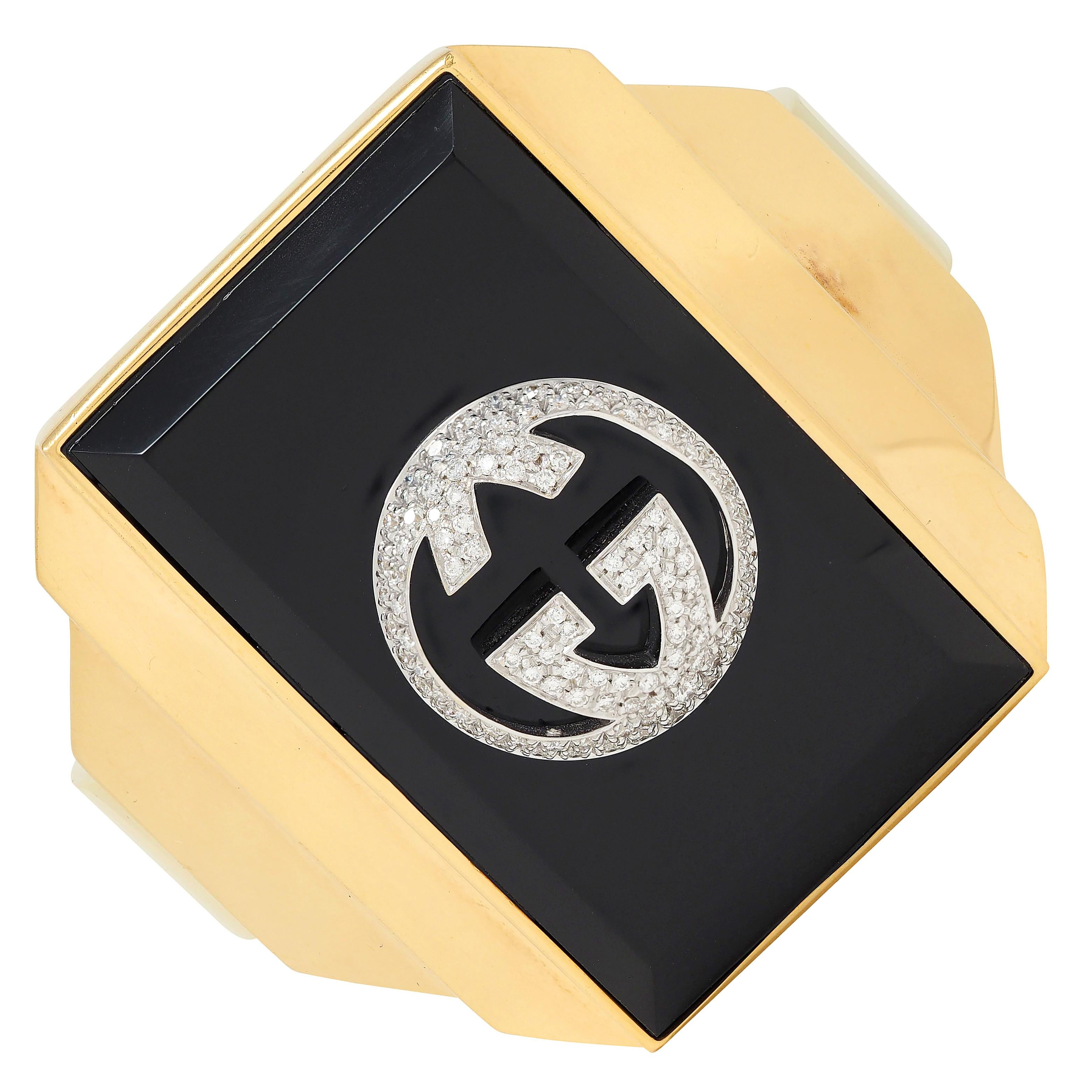 Gucci 2000's Diamond Onyx 18 Karat Two-Tone Yellow Vintage Gold Cuff Bracelet