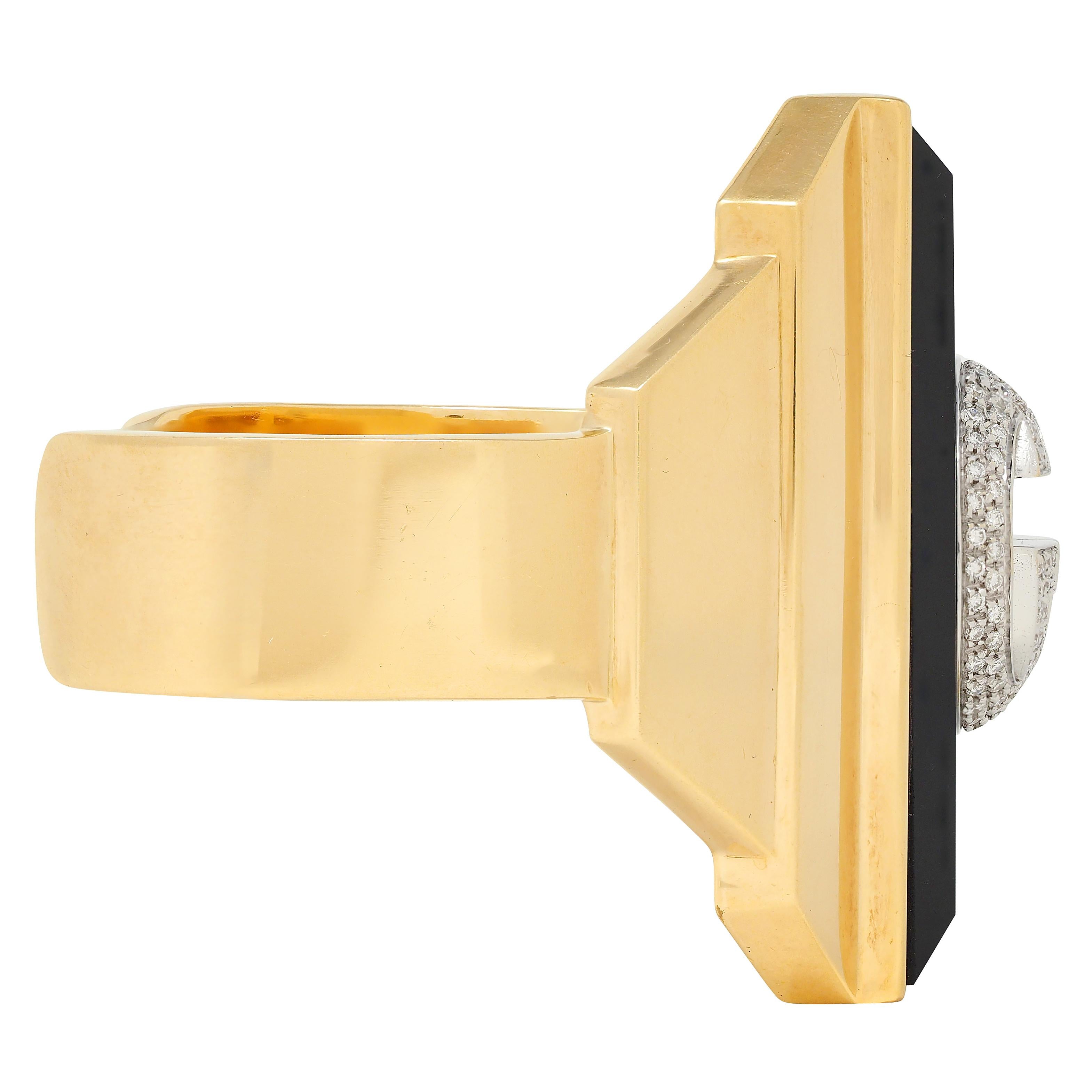 Gucci 2000's Diamond Onyx 18 Karat Two-Tone Yellow Vintage Gold Cuff Bracelet