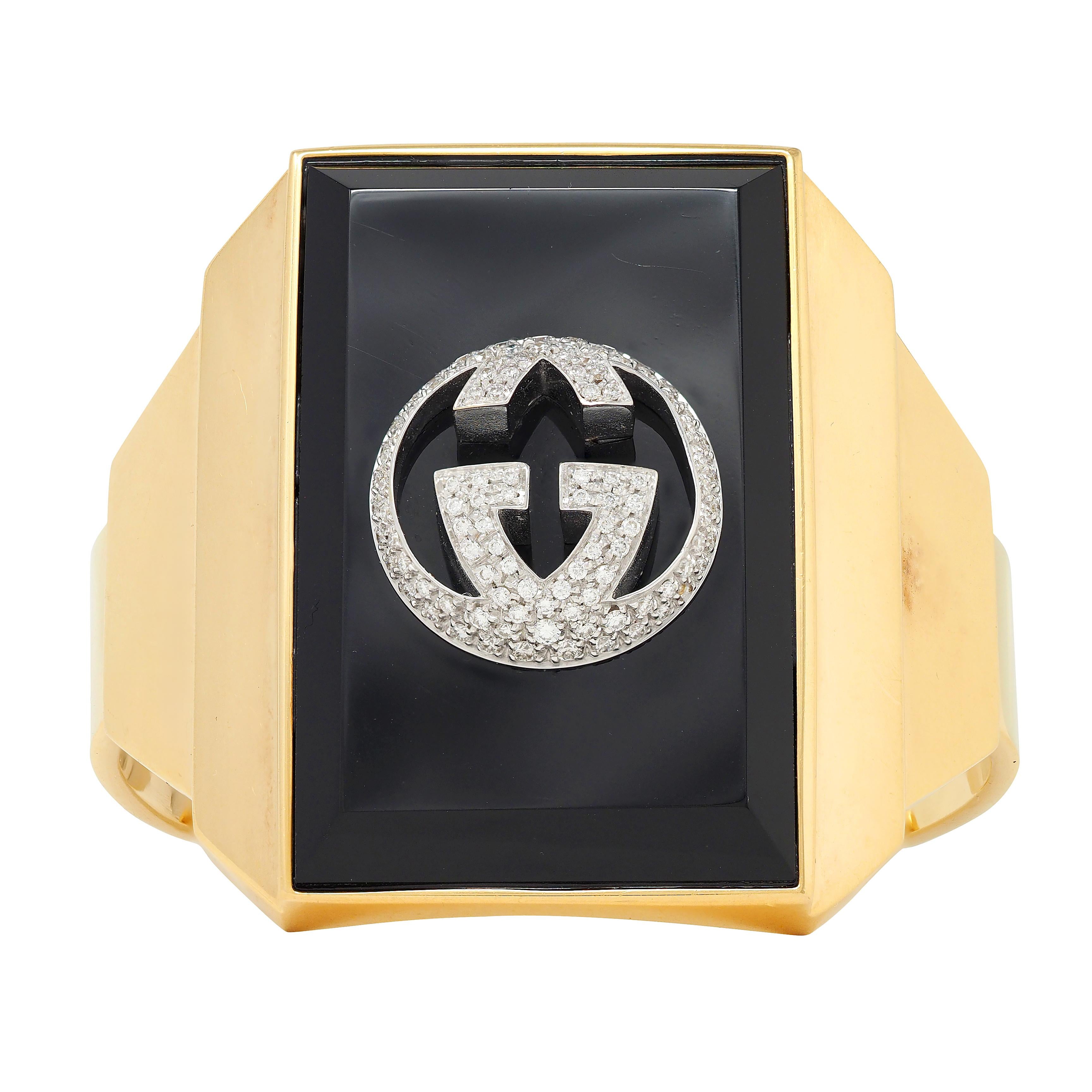 Gucci 2000's Diamond Onyx 18 Karat Two-Tone Yellow Vintage Gold Cuff Bracelet