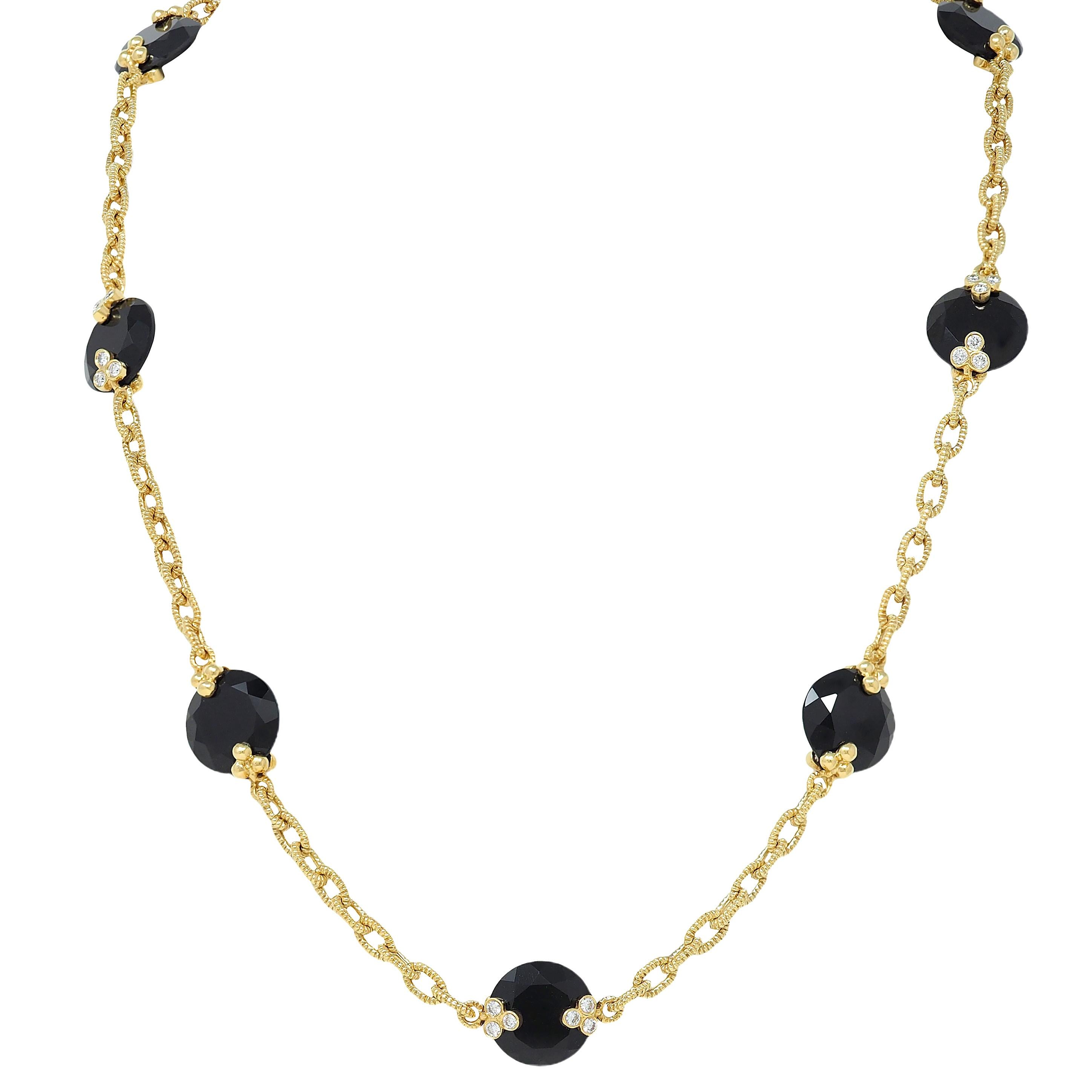 Judith Ripka Diamond Onyx 18 Karat Yellow Gold Station Chain Necklace