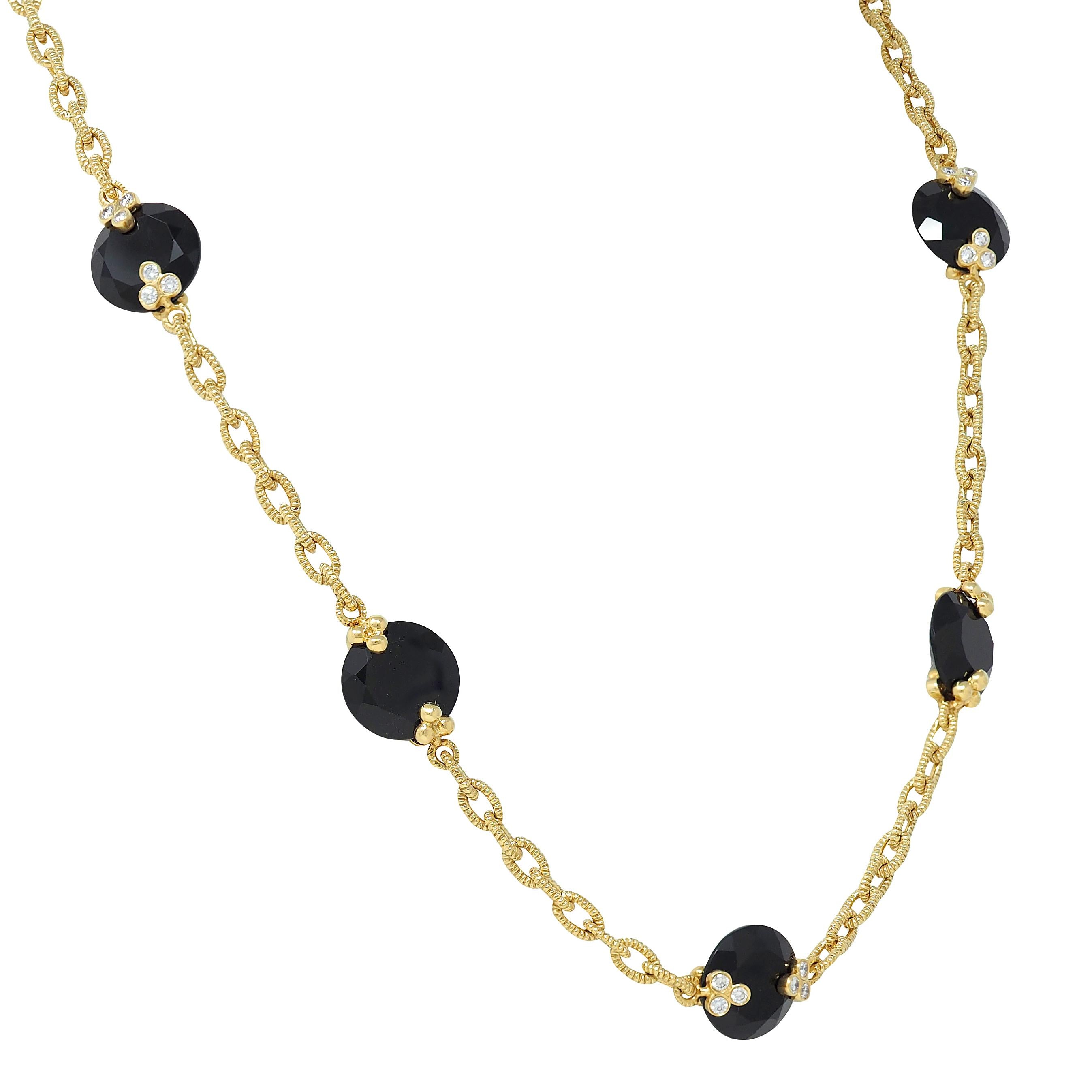 Judith Ripka Diamond Onyx 18 Karat Yellow Gold Station Chain Necklace