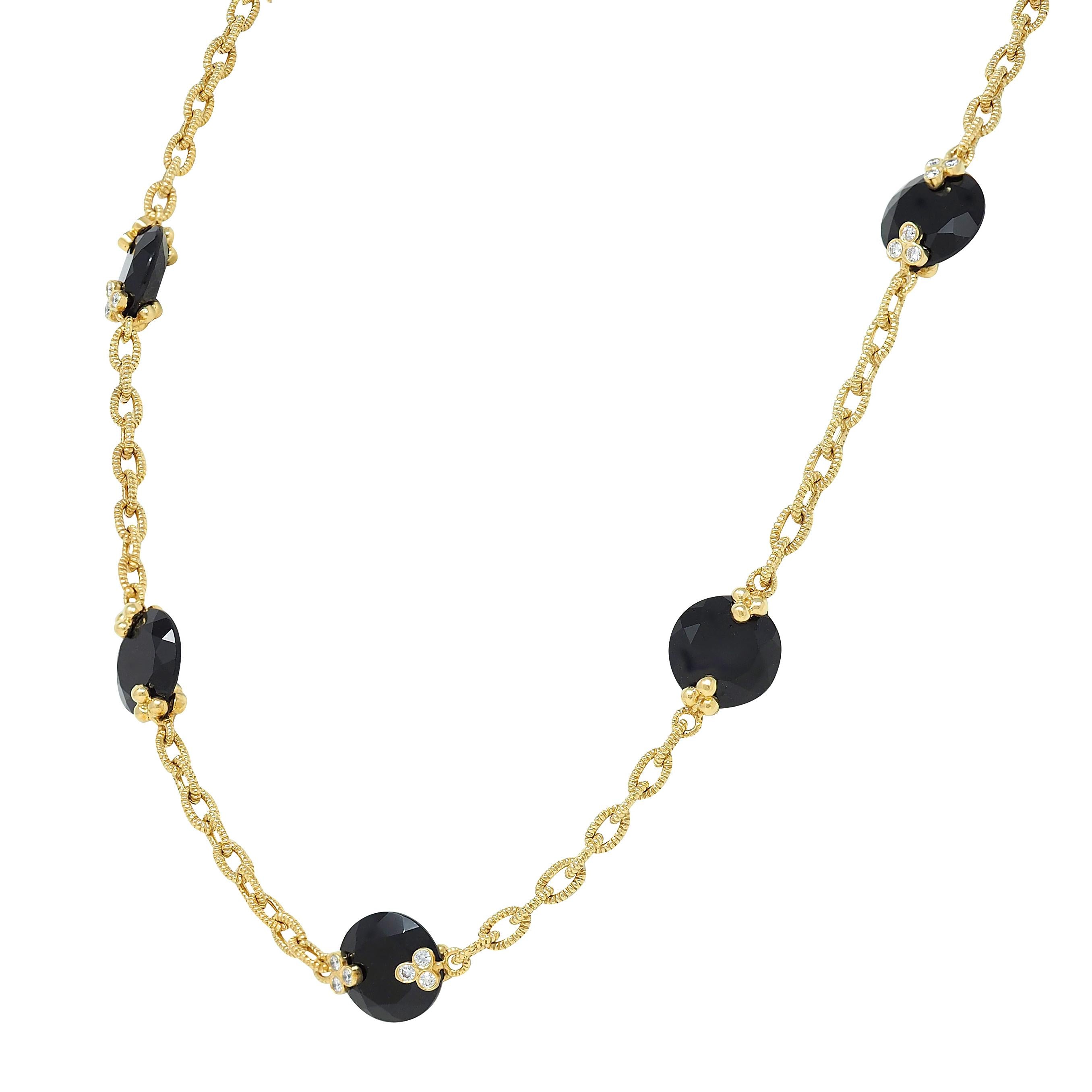 Judith Ripka Diamond Onyx 18 Karat Yellow Gold Station Chain Necklace