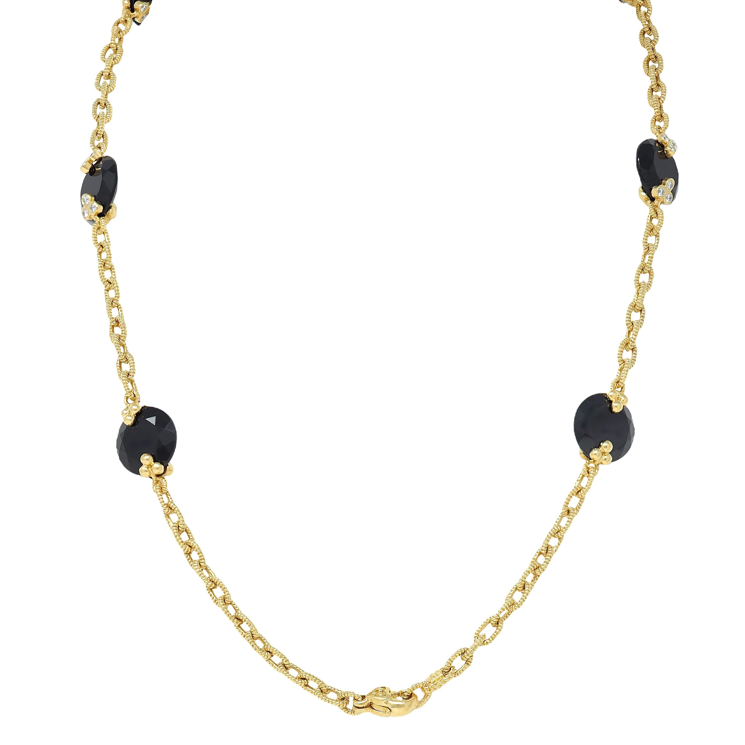 Judith Ripka Diamond Onyx 18 Karat Yellow Gold Station Chain Necklace