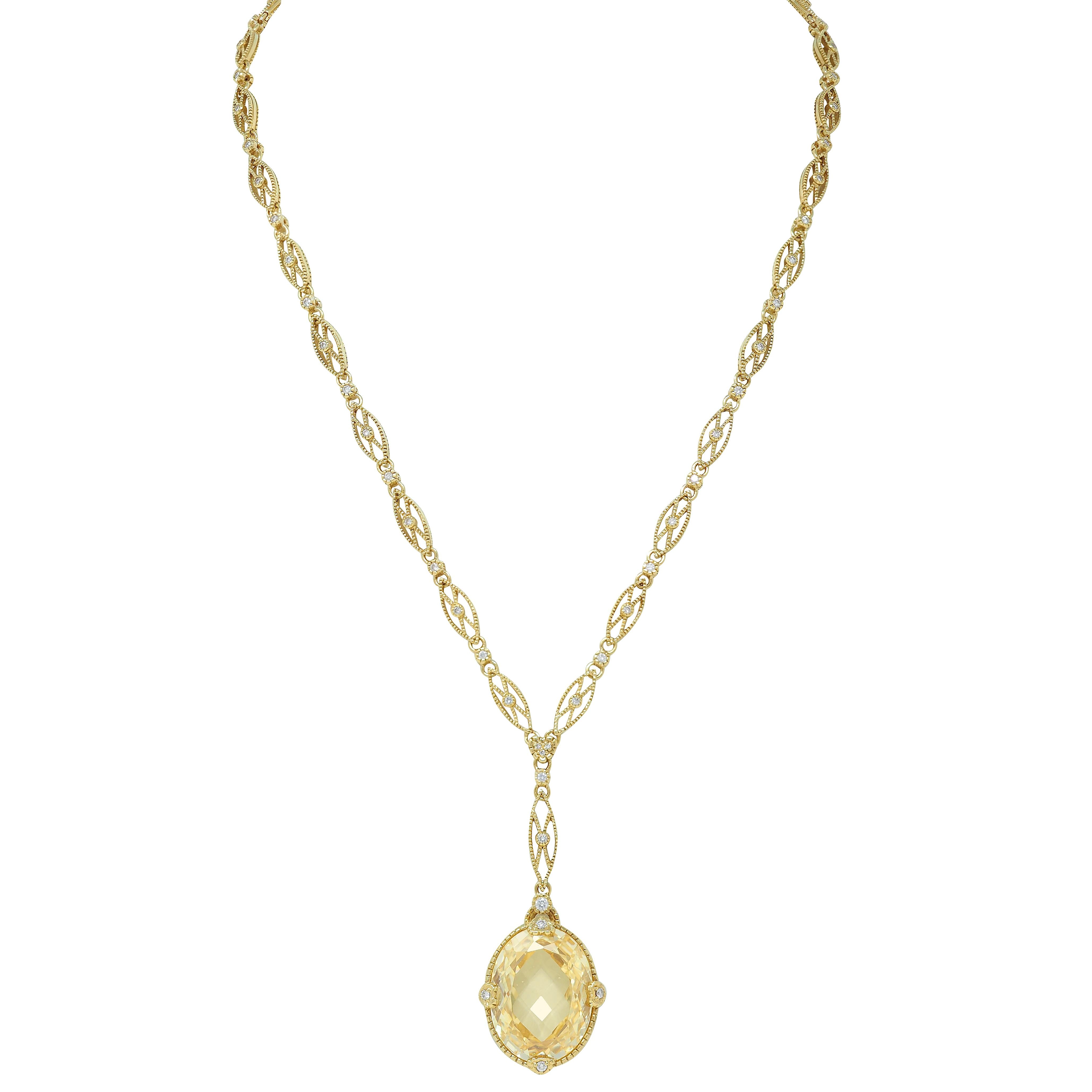 Judith Ripka 2000's Canary Quartz Diamond 18 Karat Gold Sautoir Drop Necklace