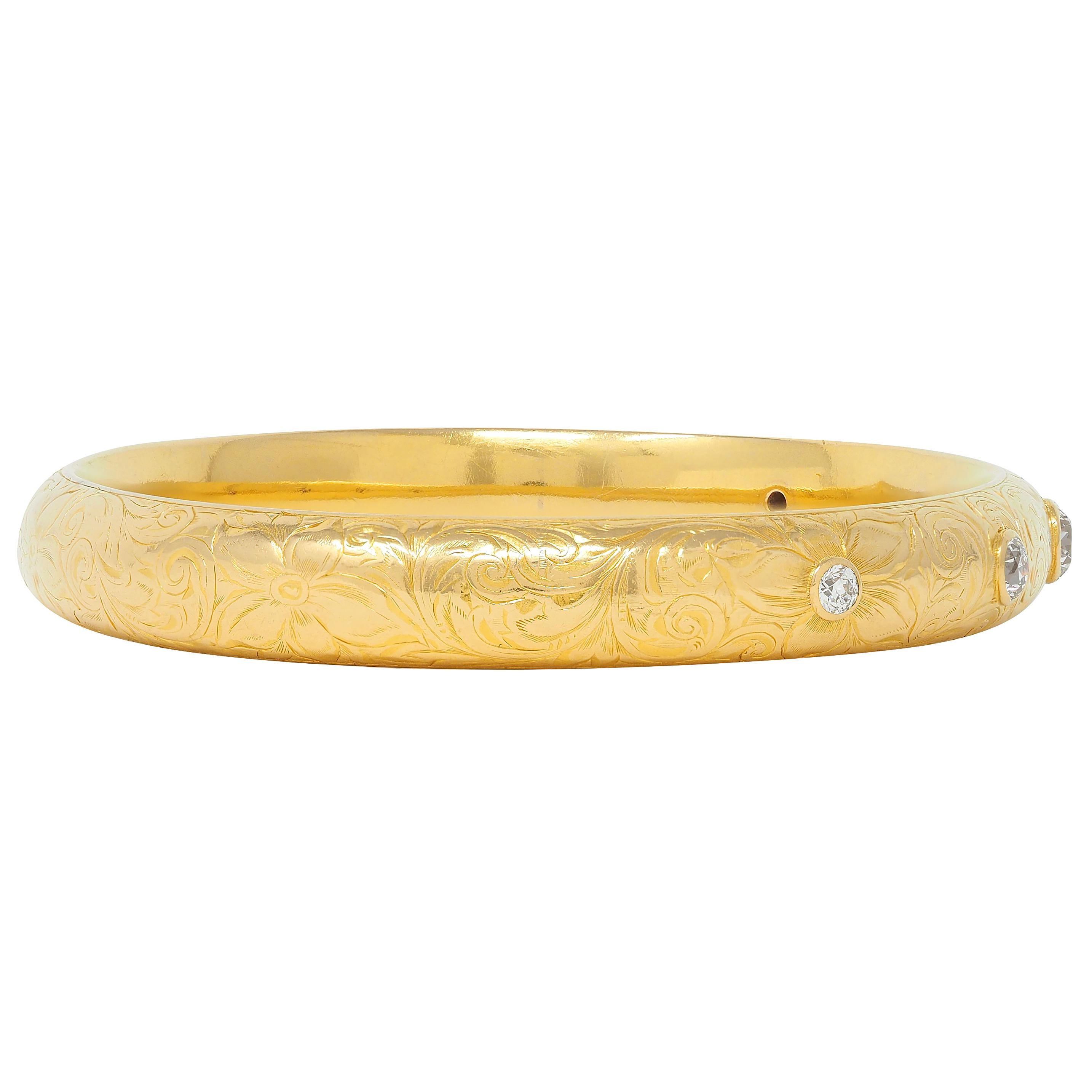 Riker Brothers Art Nouveau European Diamond 18K Antique Floral Bangle Bracelet