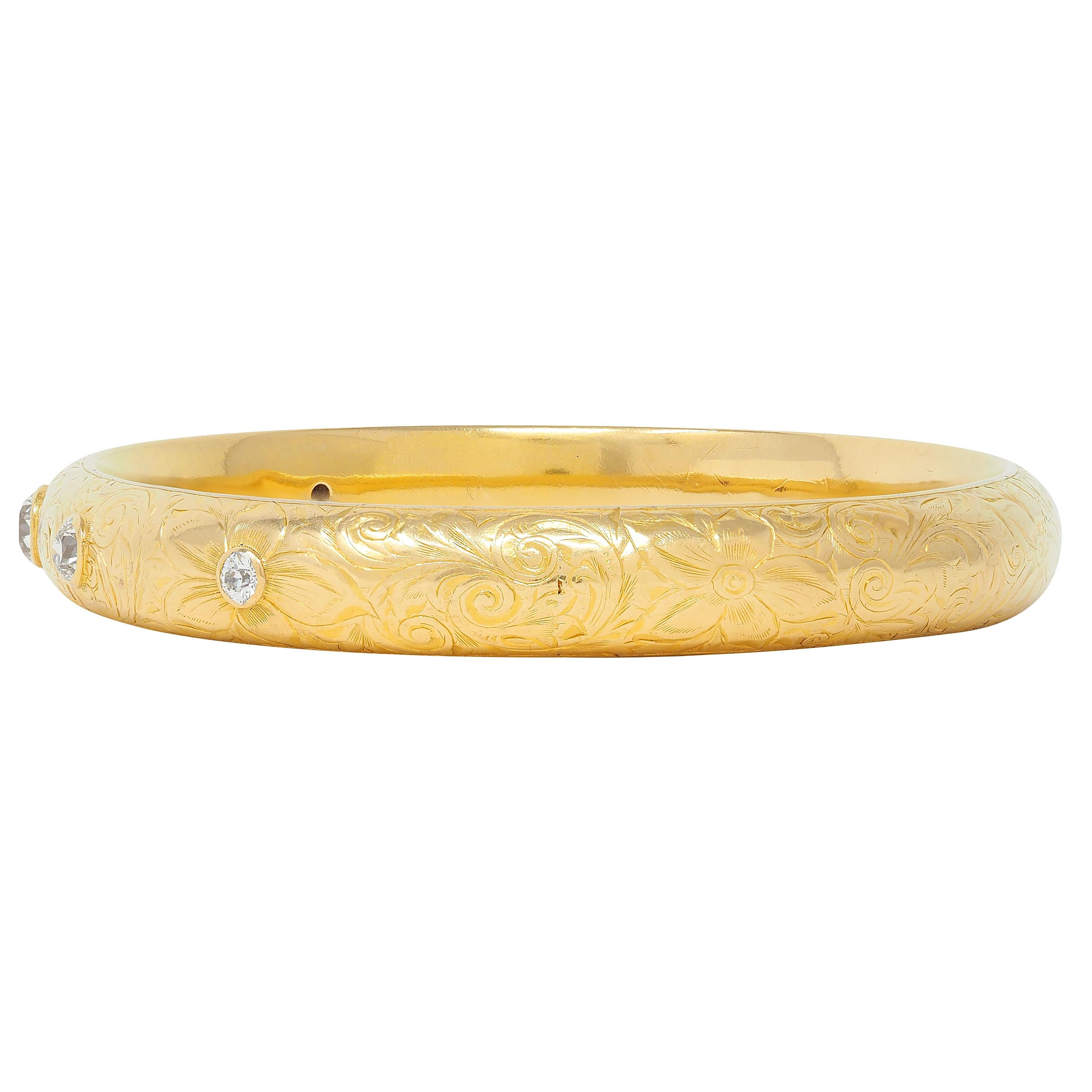 Riker Brothers Art Nouveau European Diamond 18K Antique Floral Bangle Bracelet