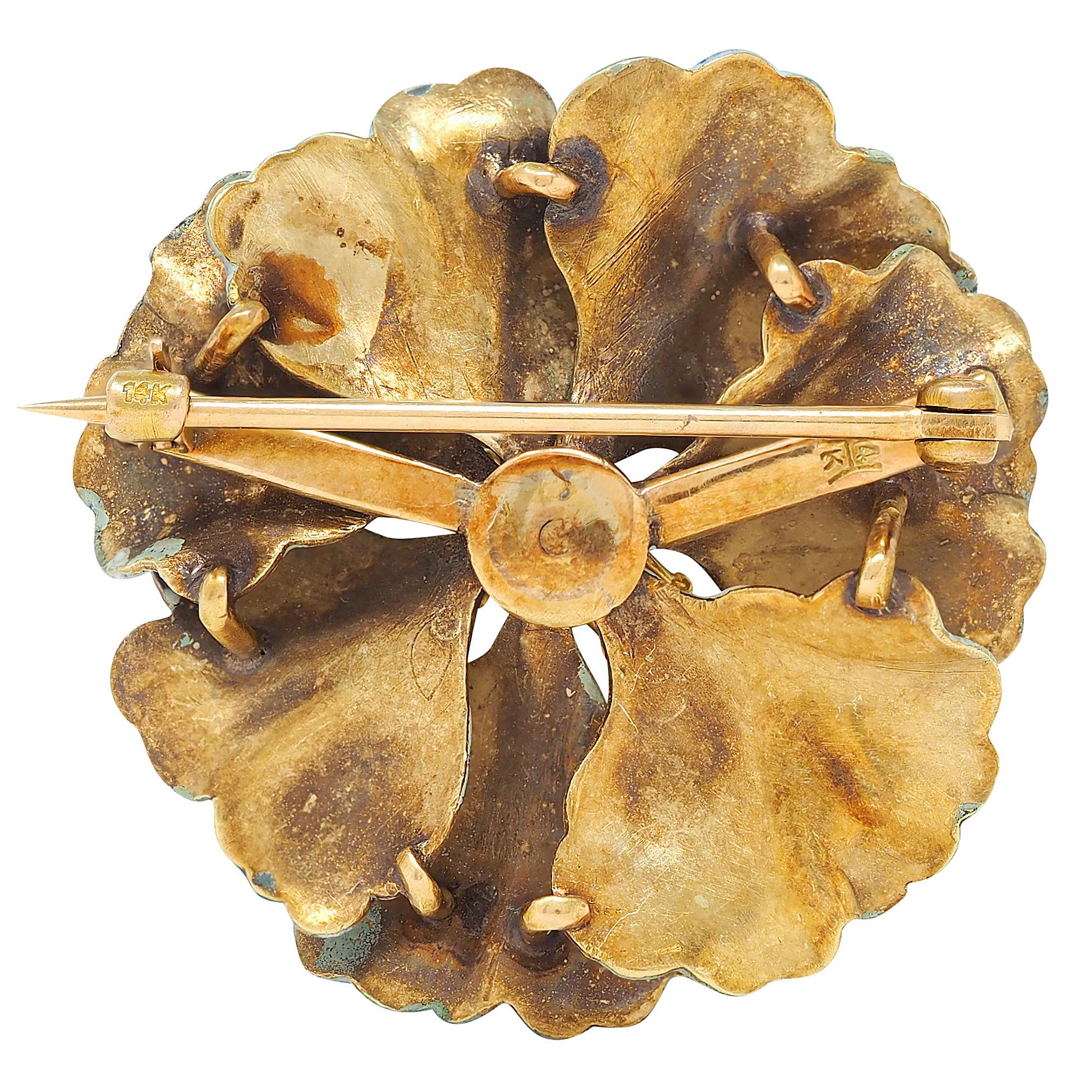Hedges & Co. Art Nouveau Pearl Enamel 14 Karat Yellow Gold Antique Flower Brooch