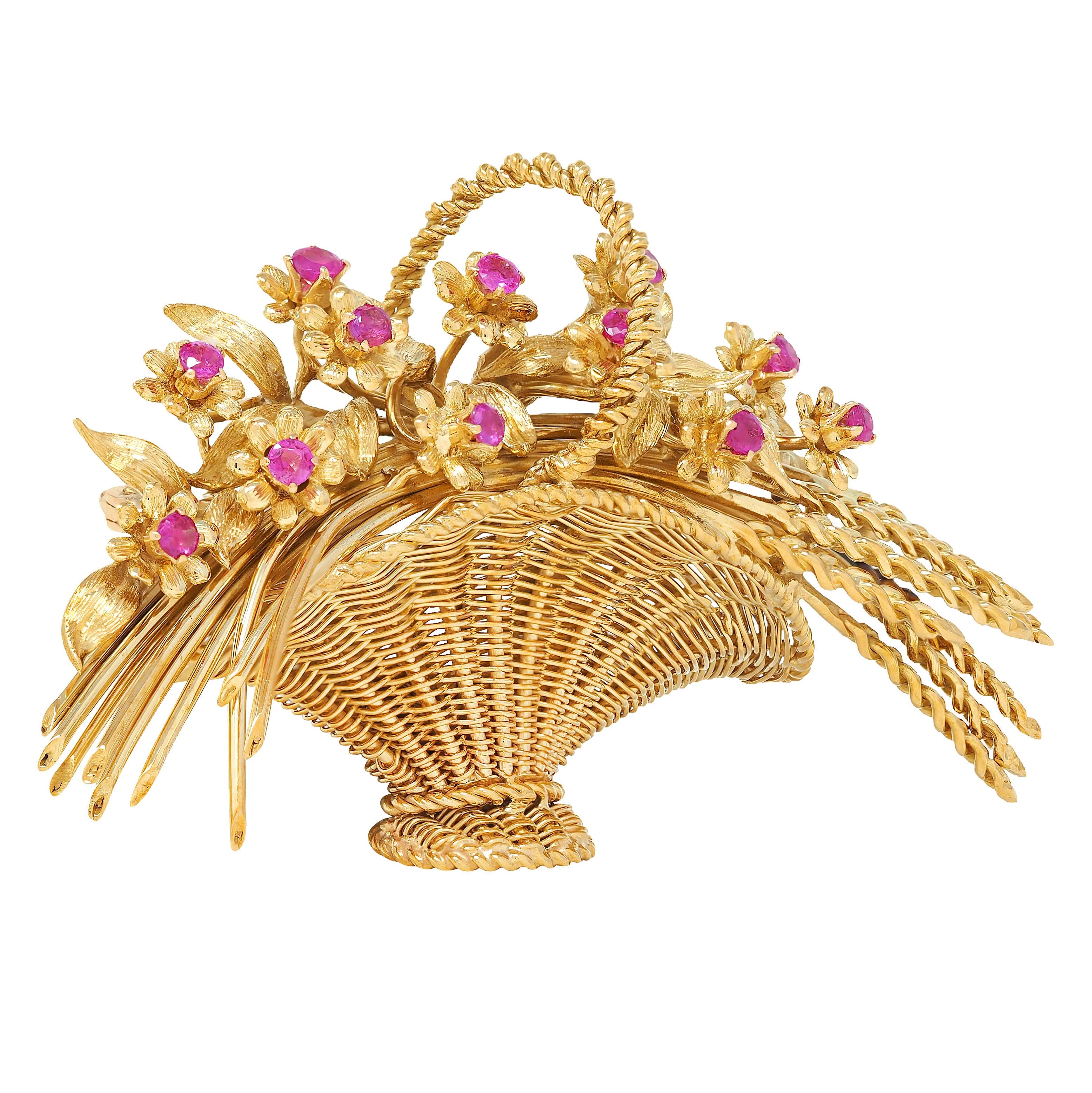 Tiffany & Co. 1950's Ruby 18 Karat Yellow Gold Vintage Giardinetto Flower Brooch