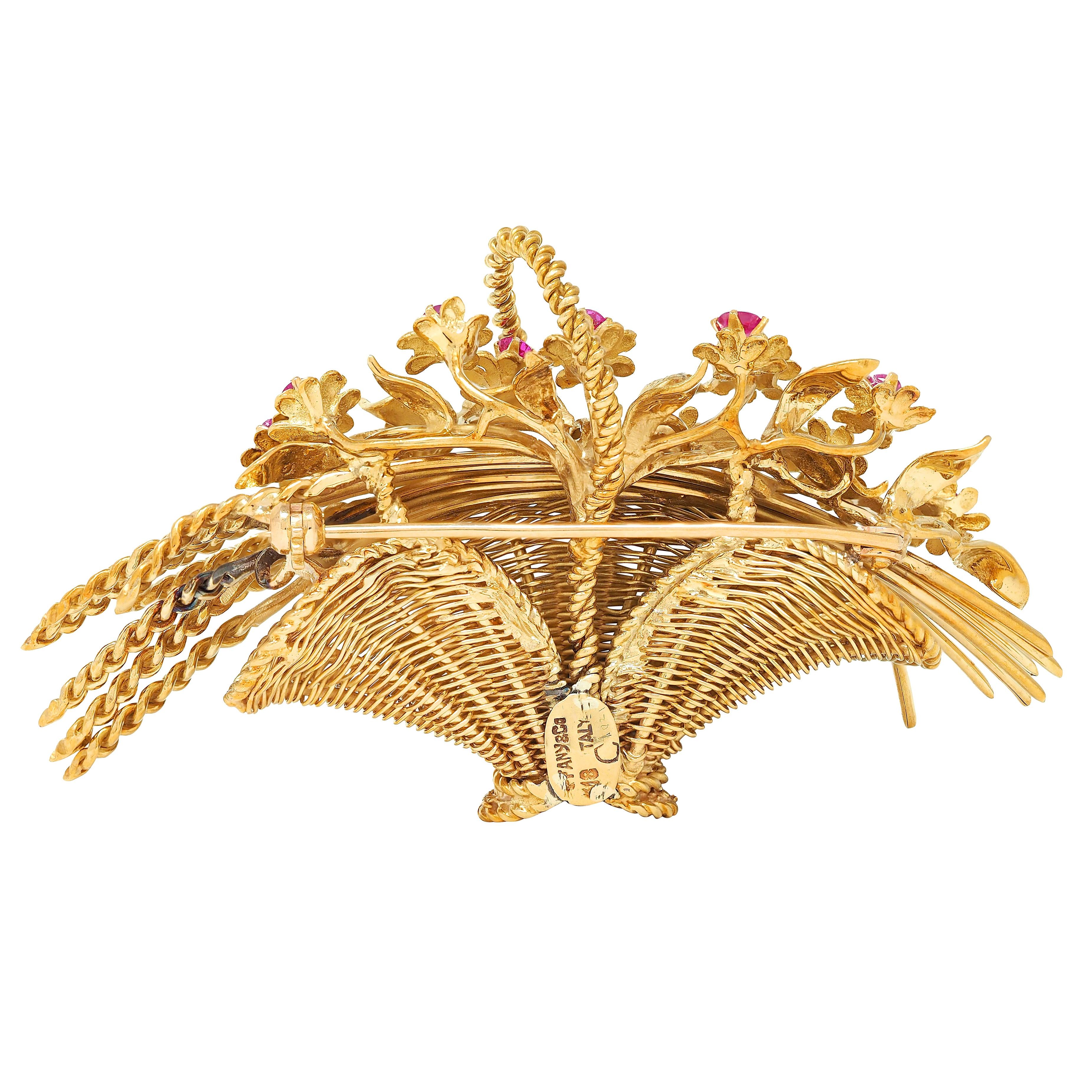 Tiffany & Co. 1950's Ruby 18 Karat Yellow Gold Vintage Giardinetto Flower Brooch