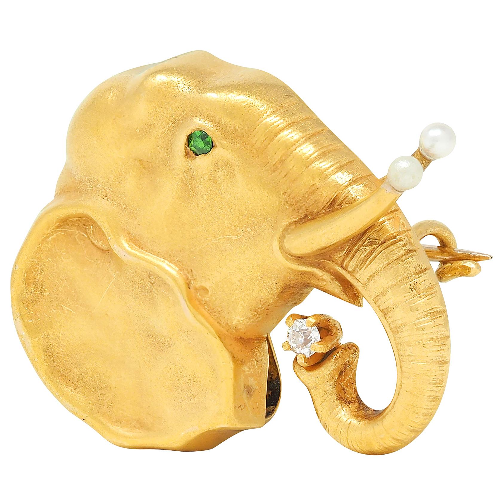 Riker Brothers Art Nouveau Multi-Gem 14K Gold Antique Elephant Brooch