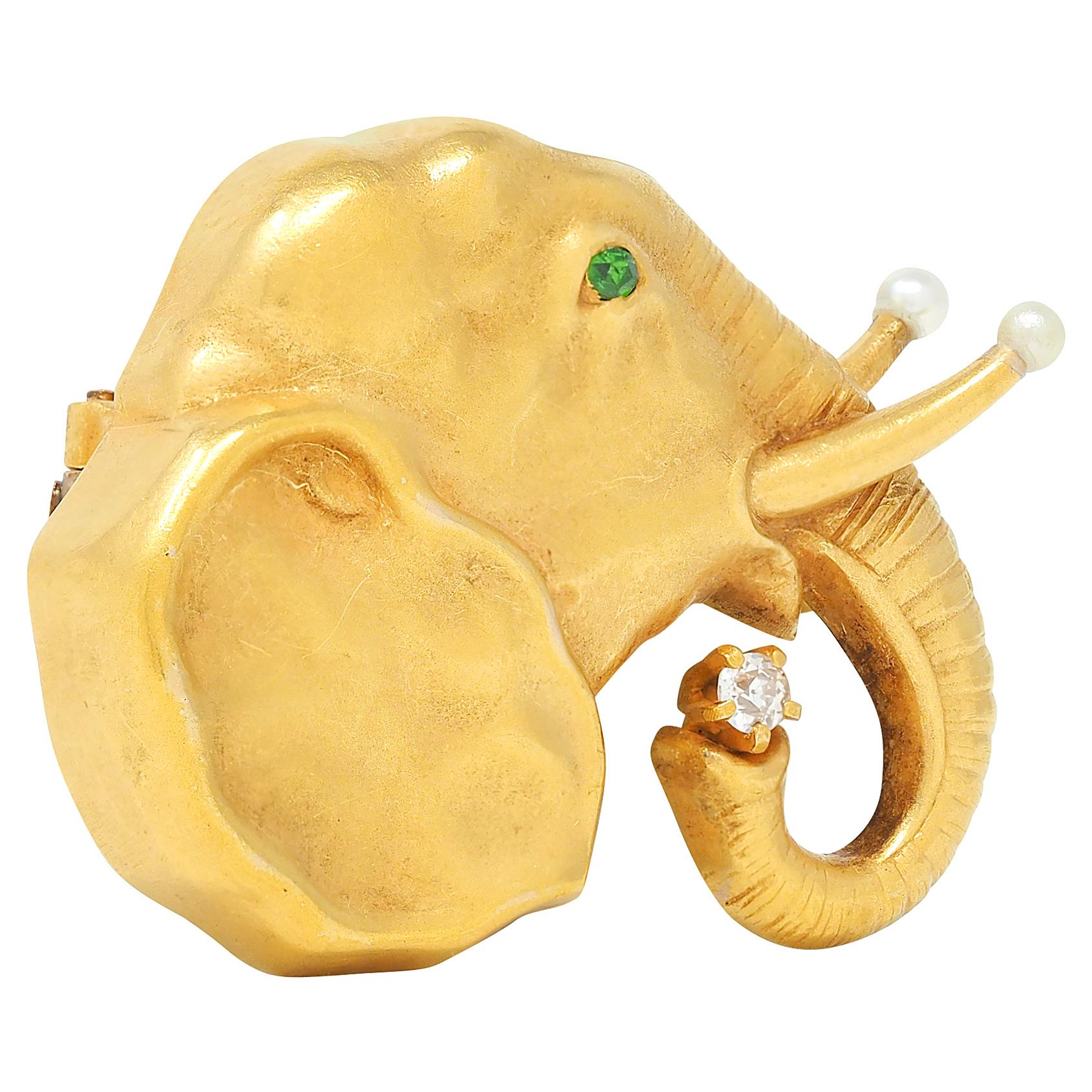 Riker Brothers Art Nouveau Multi-Gem 14K Gold Antique Elephant Brooch