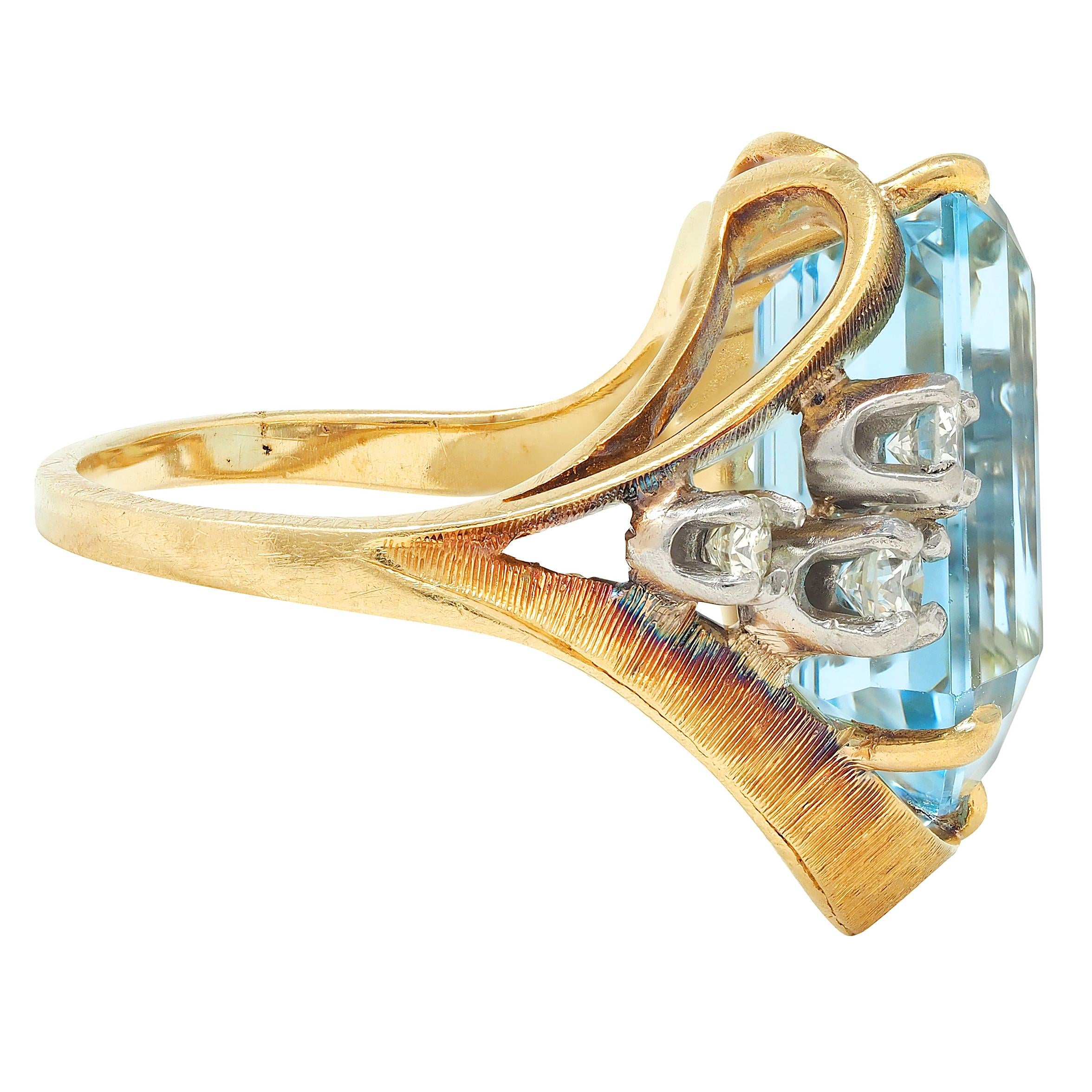 Mid-Century 7.40 CTW Aquamarine Diamond 18K Two-Tone Gold Vintage Cocktail Ring