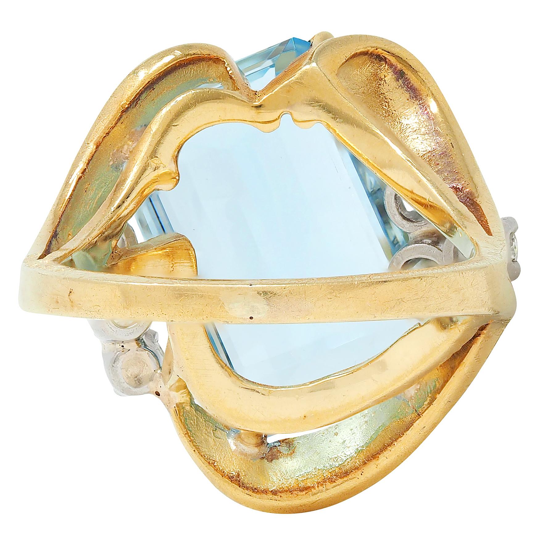 Mid-Century 7.40 CTW Aquamarine Diamond 18K Two-Tone Gold Vintage Cocktail Ring