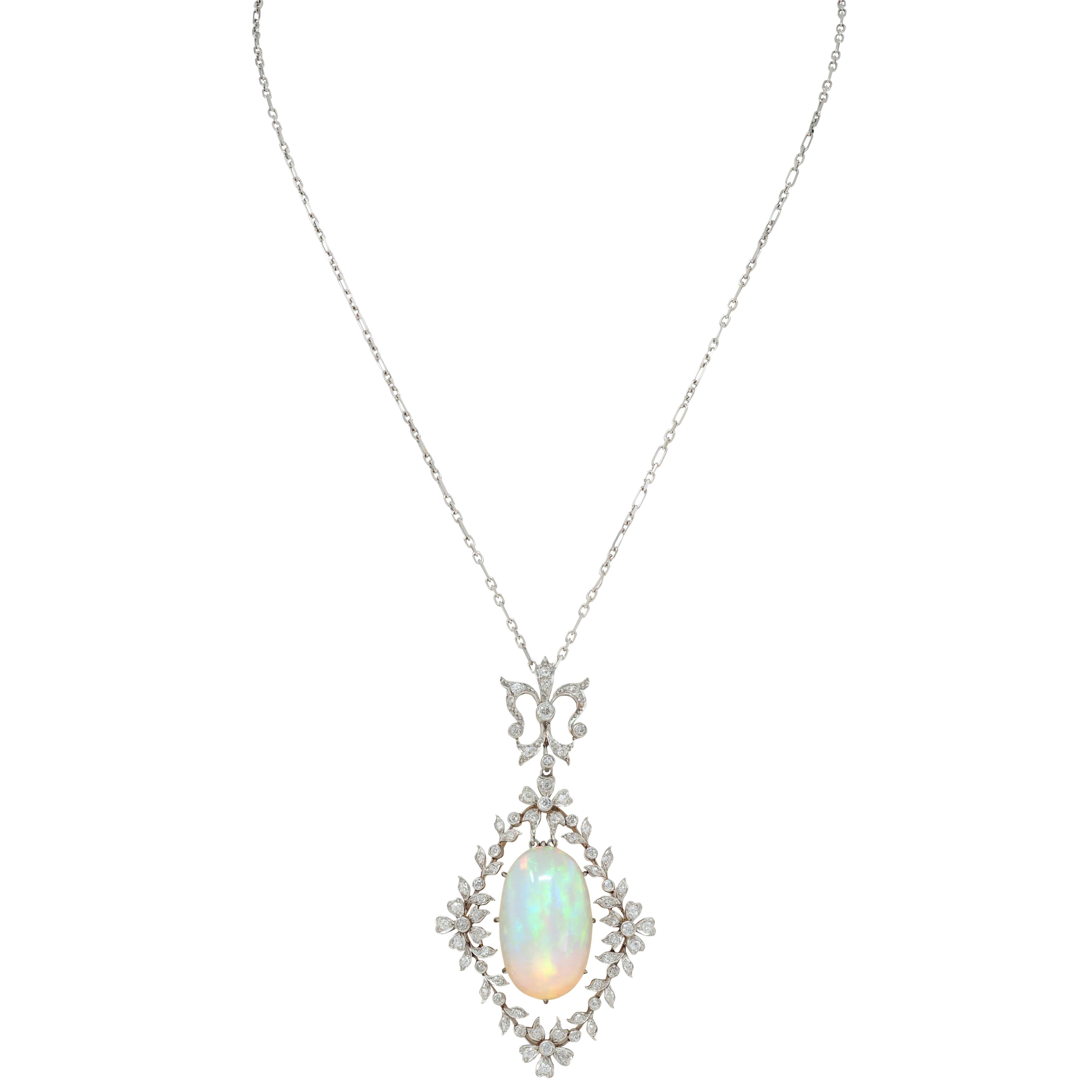 Edwardian Opal Diamond Platinum 18K Gold Garland Antique Pendant Necklace