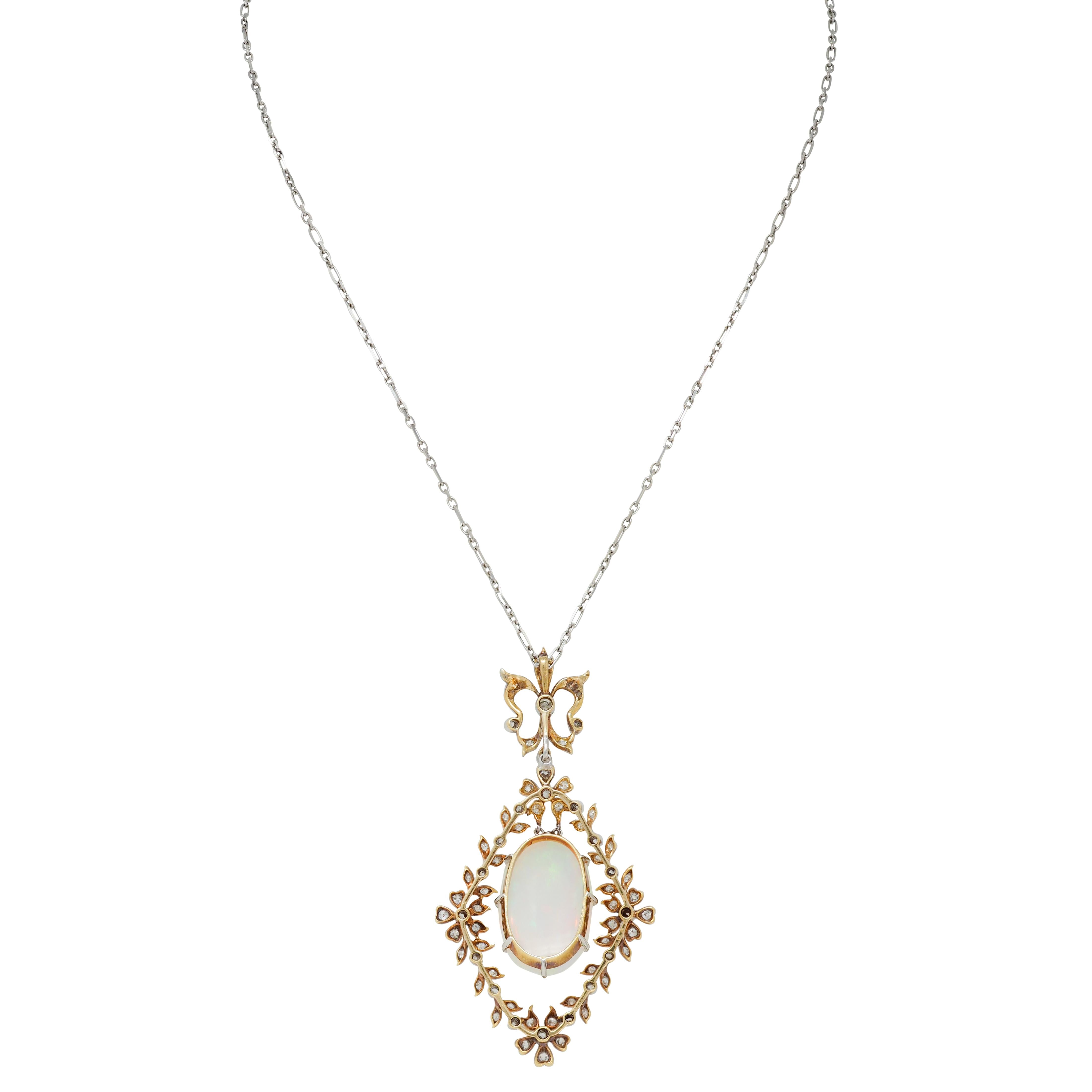 Edwardian Opal Diamond Platinum 18K Gold Garland Antique Pendant Necklace