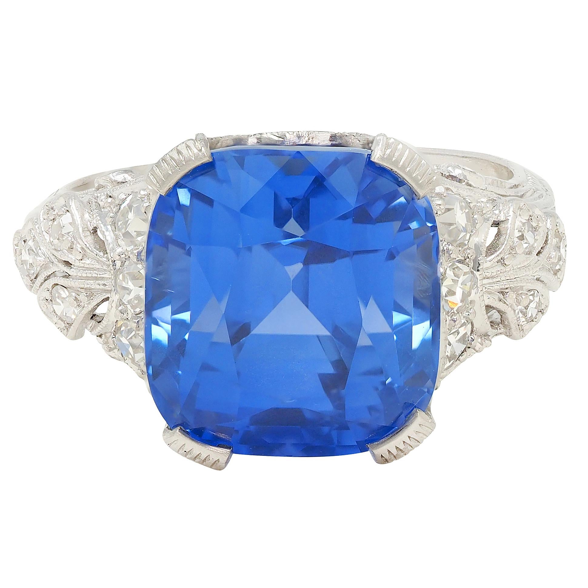 Edwardian 10.02 CTW NH Ceylon Sapphire Diamond Platinum Antique Dinner Ring AGL