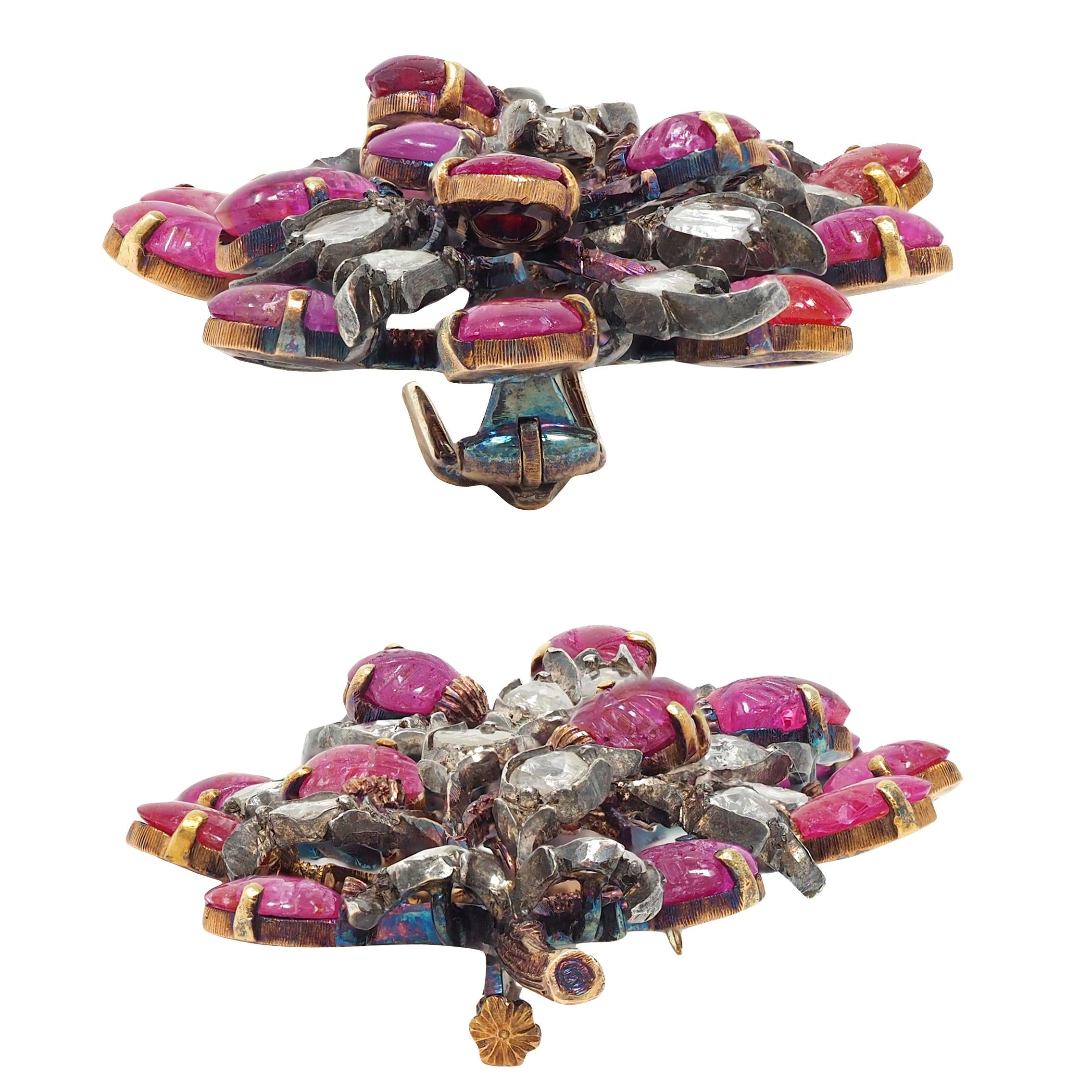 Buccellati Mid-Century Ruby Diamond 18K Gold Silver Vintage Foliate Brooch