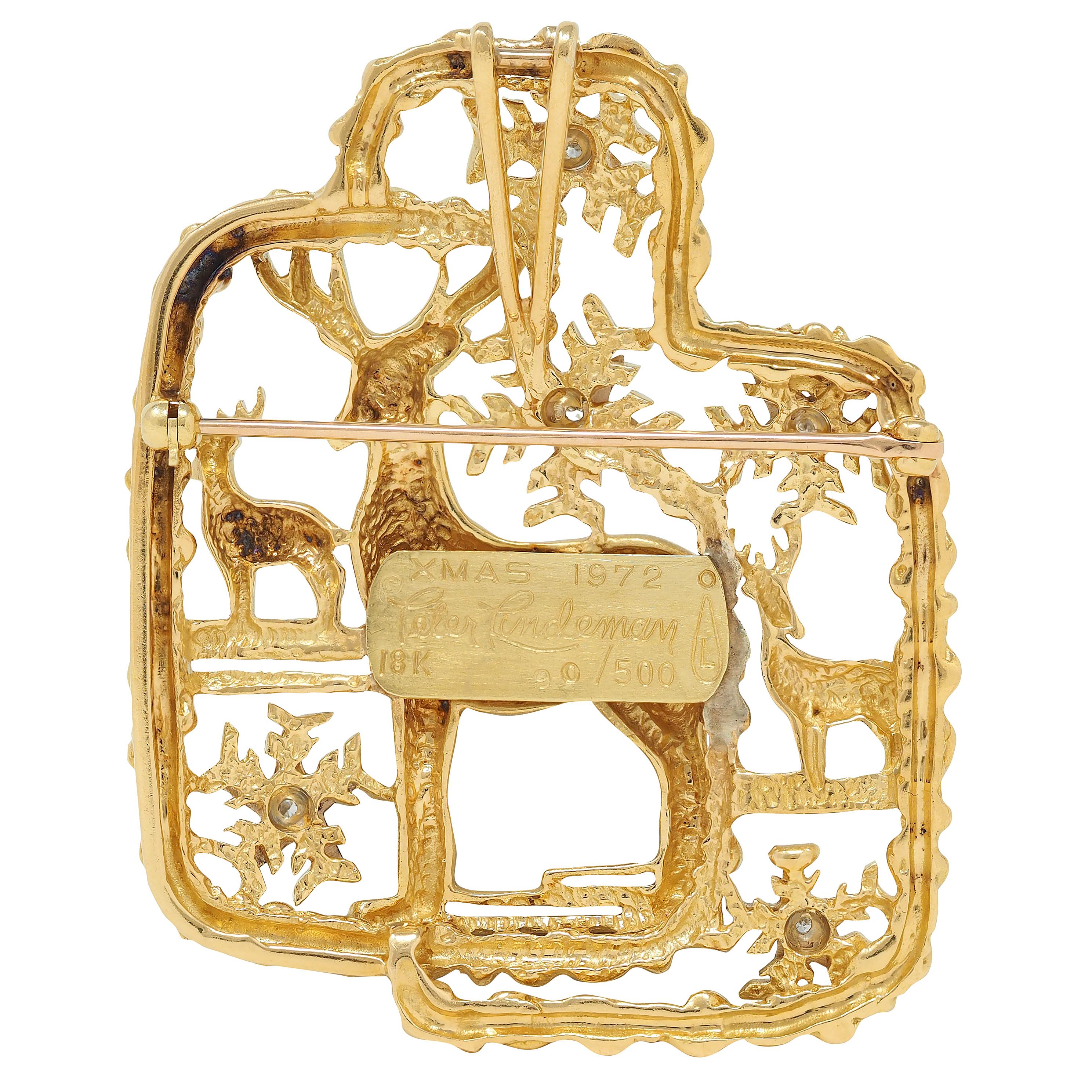 Peter Lindeman 1975 Diamond 18 Karat Two-Tone Gold Vintage Reindeer Xmas Brooch
