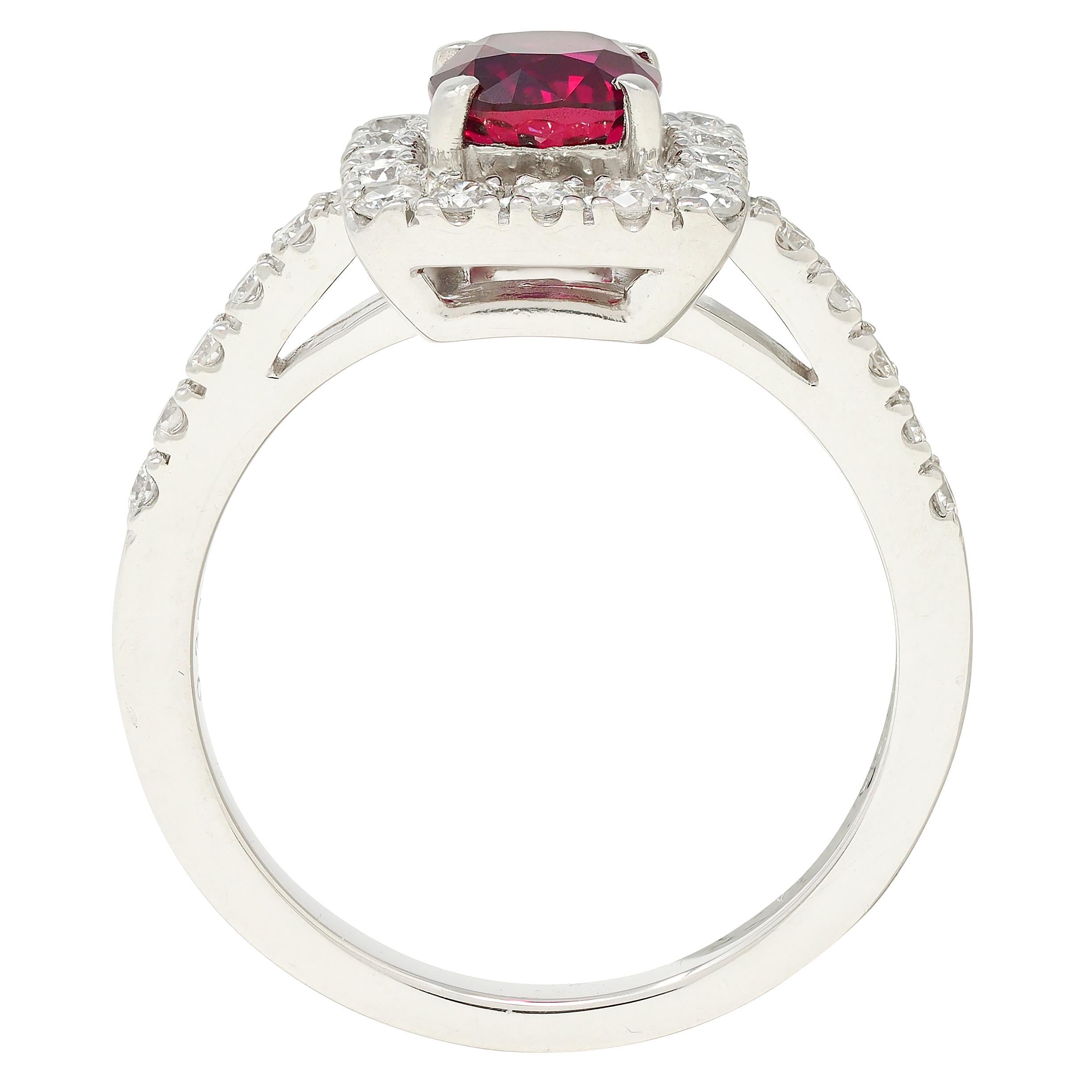 Contemporary 1.47 CTW Cushion Cut Ruby Diamond Platinum Square Halo Ring