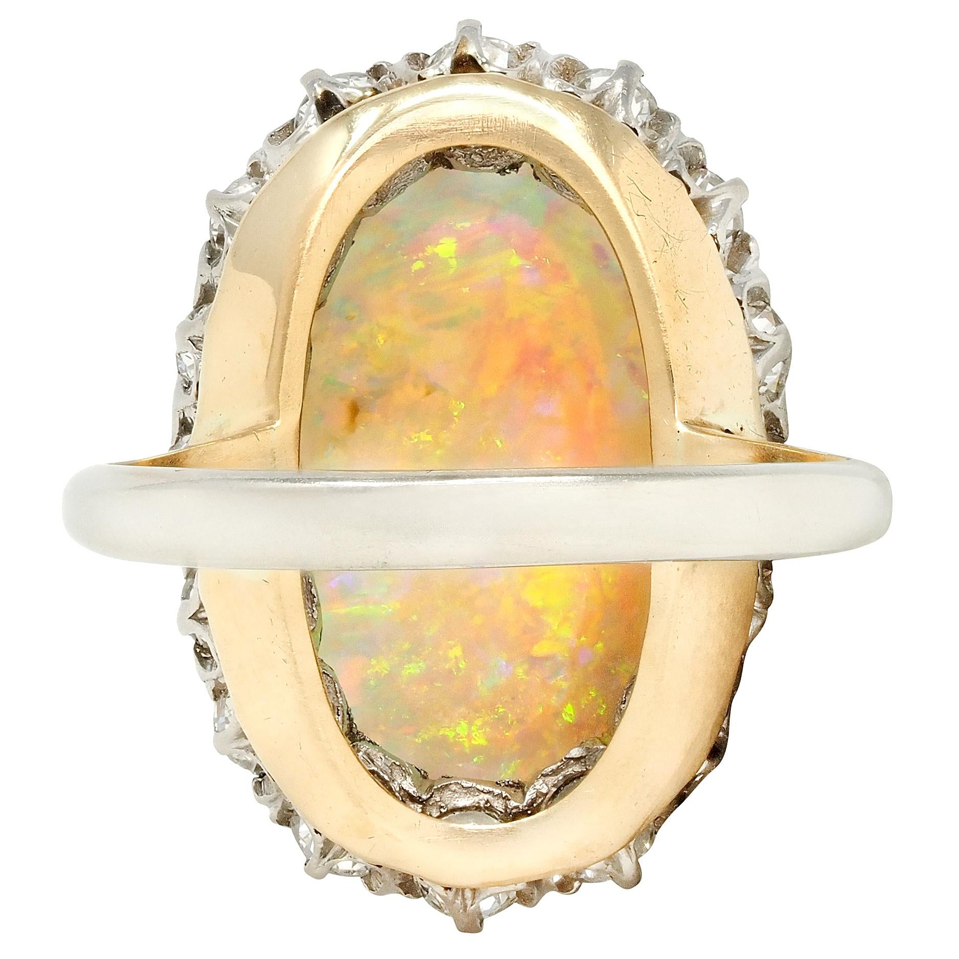 Mid-Century Diamond Opal Platinum 14 Karat Gold Vintage Halo Ring