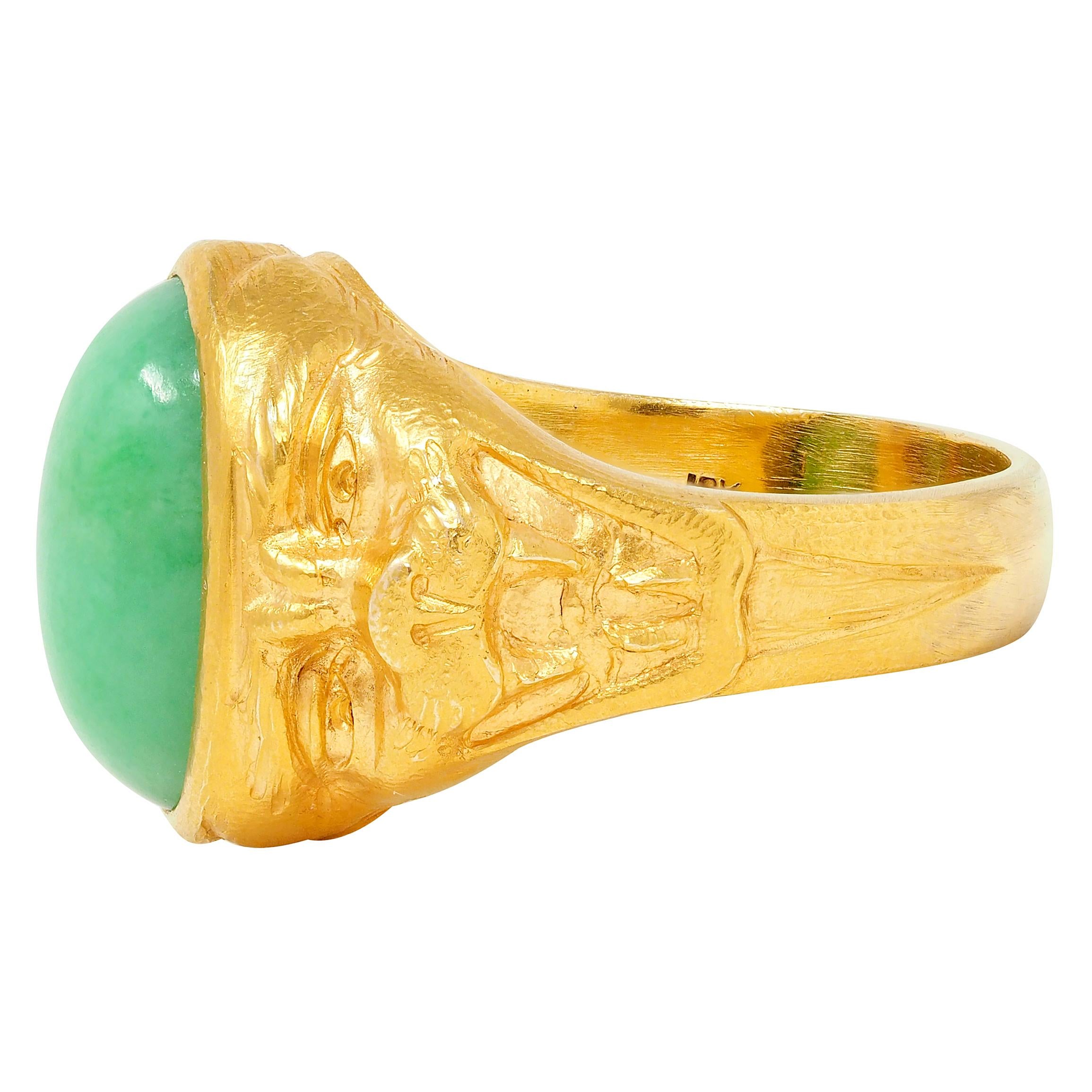 Art Nouveau Jade 18 Karat Yellow Gold Antique Unisex Cat Ring