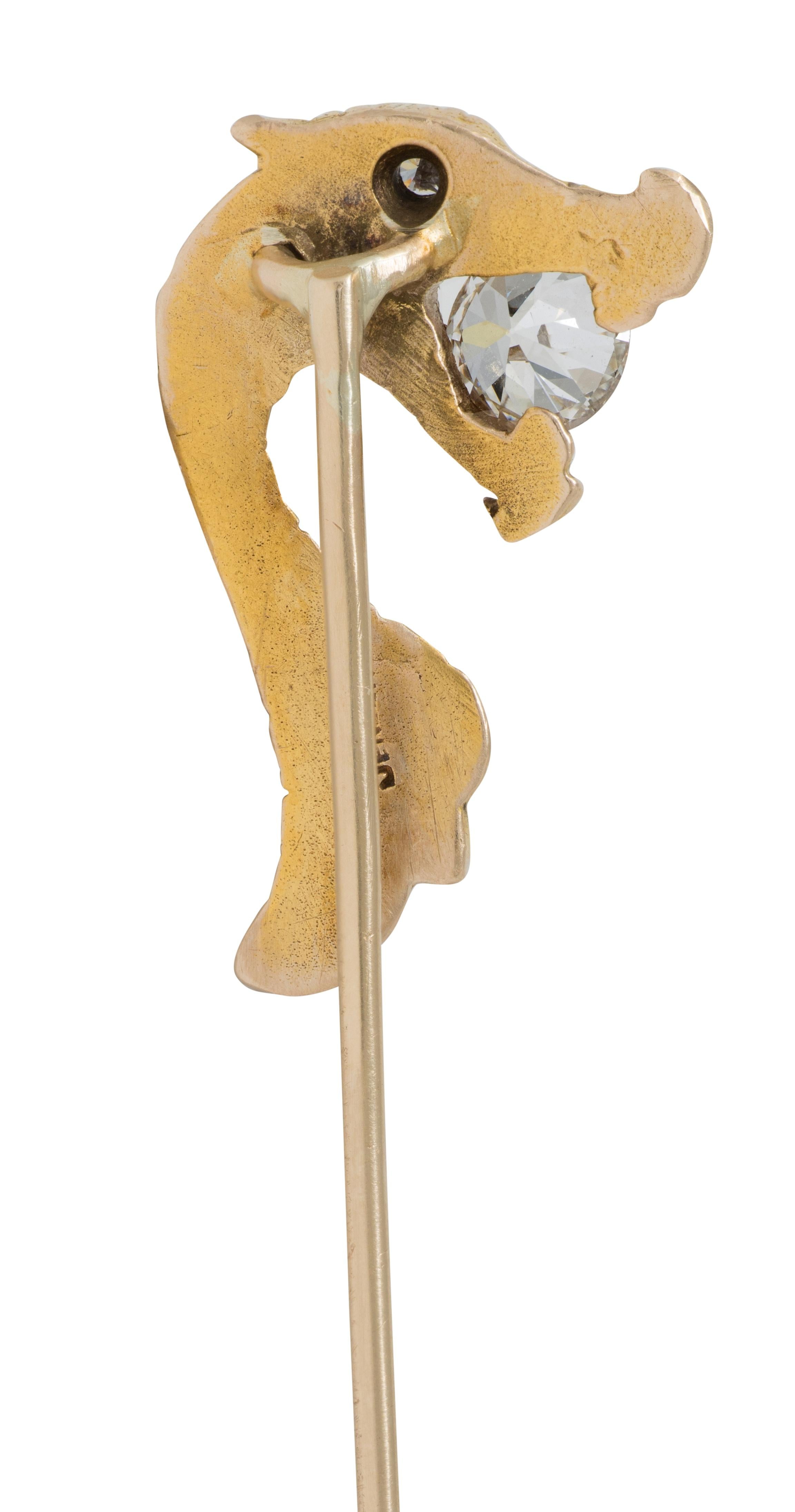 Art Nouveau Diamond 14 Karat Yellow Gold Antique Dragon Serpent Stickpin