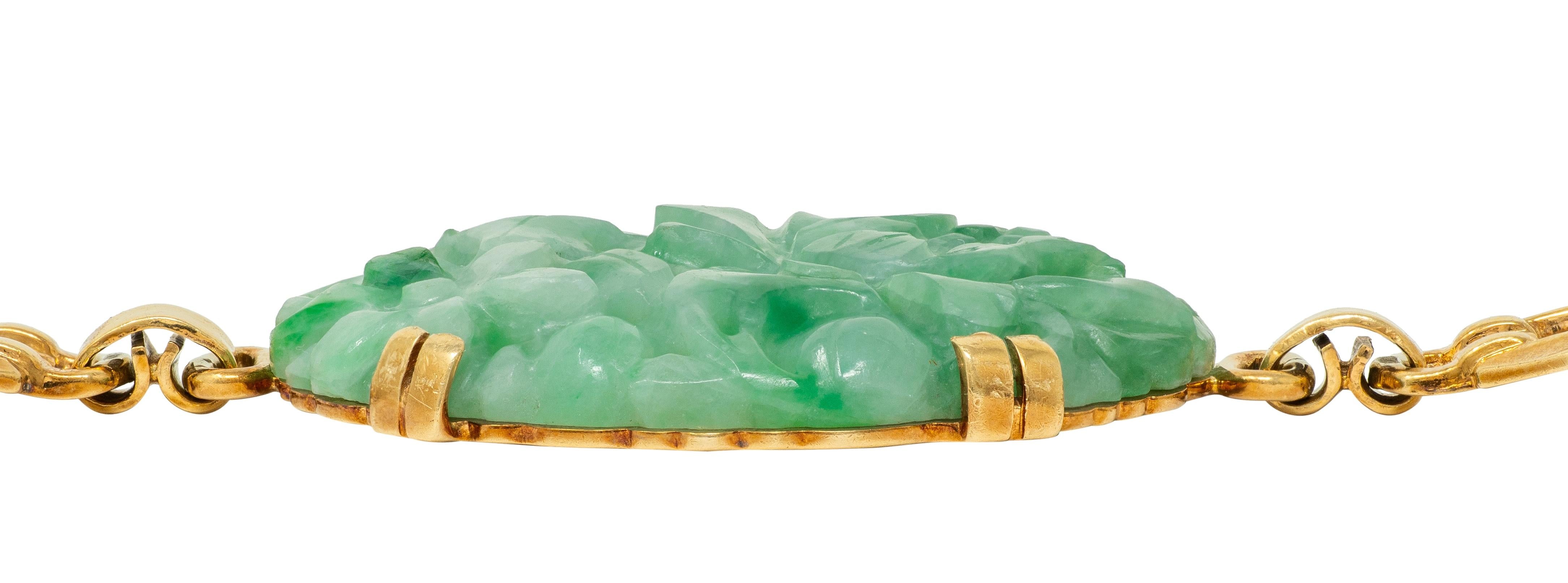 Tiffany & Co. Art Deco Carved Jade 14K Gold Antique Floral Link Bracelet