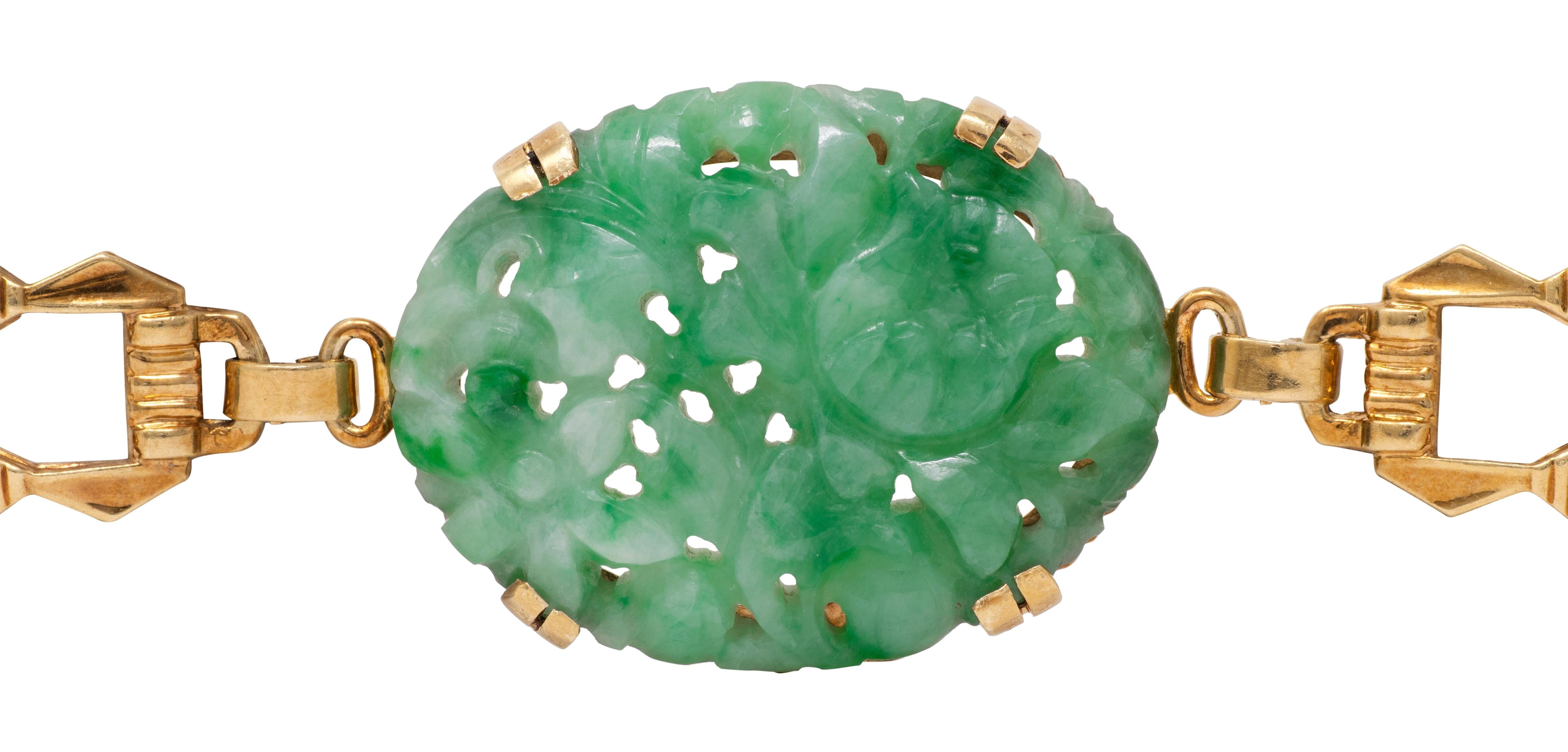 Tiffany & Co. Art Deco Carved Jade 14K Gold Antique Floral Link Bracelet